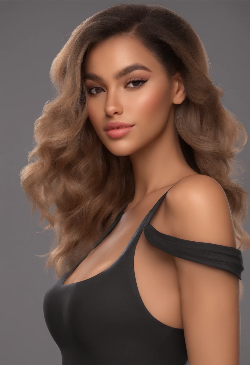 Light brown skin latina 20-year old in black compression shirt top posing for a photo in a studio, makeup, lip filler, beautiful blonde woman, in a bedroom, photorealistic, cannon picture, extreme detail, messy bun, extreme close up on face, ample cleavage, big chest, back view, one leg up