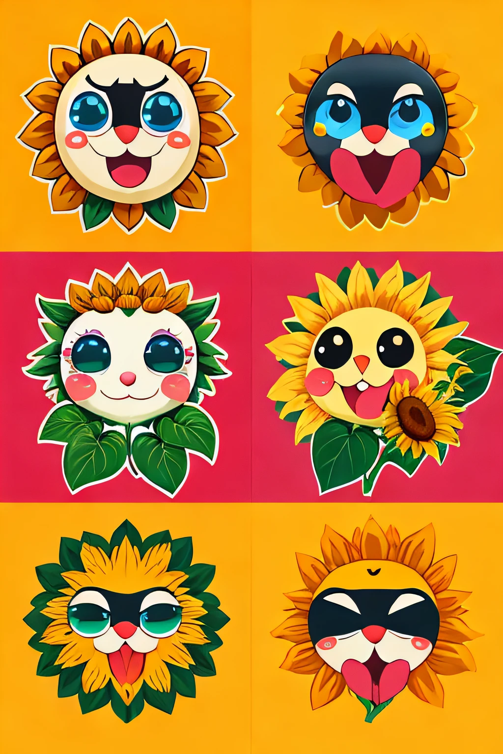 stickers of four sunflower,cute,anthropomorphic sunflower,crying,tearful