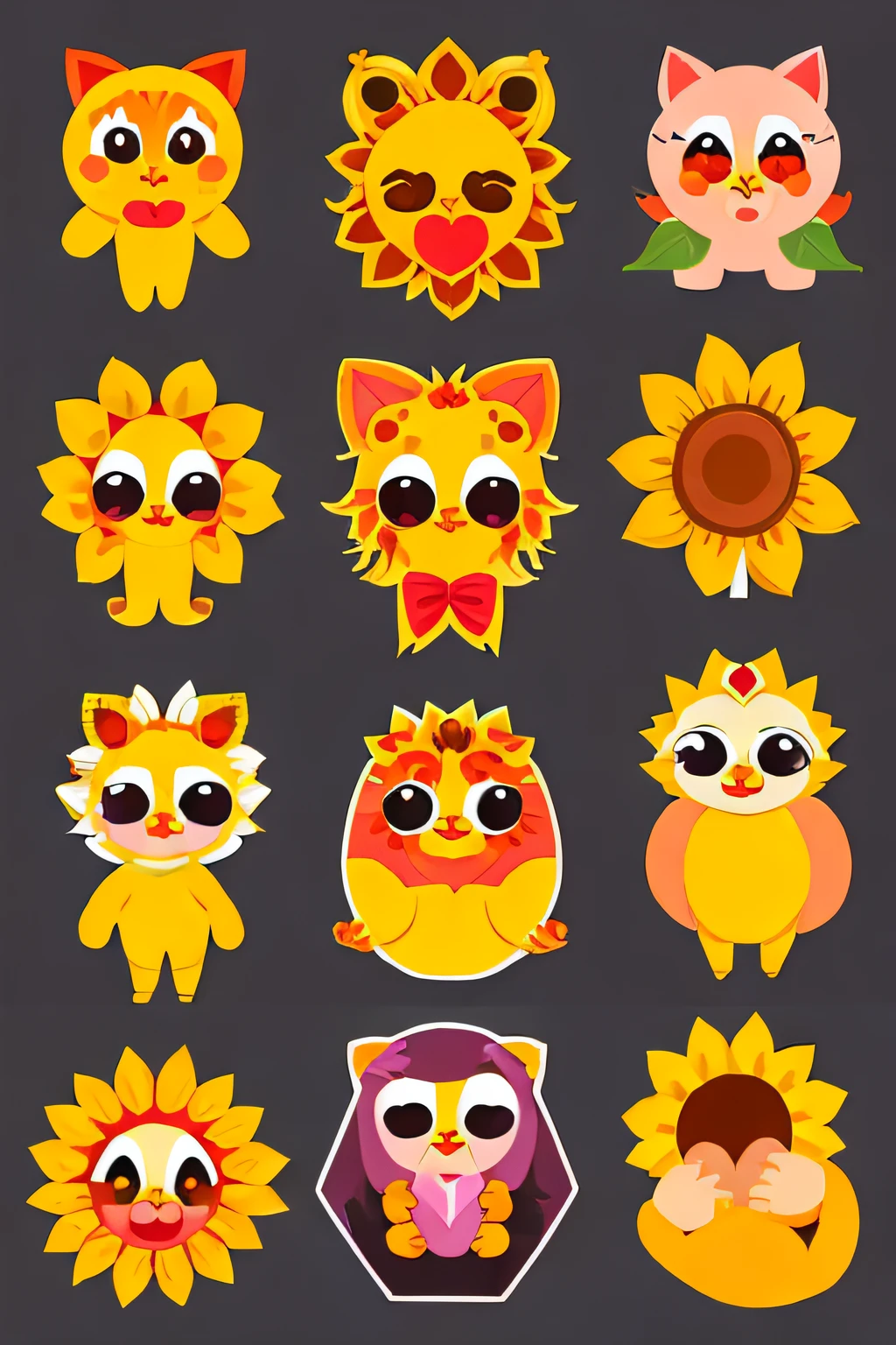 stickers of four sunflower,cute,anthropomorphic sunflower,crying,tearful