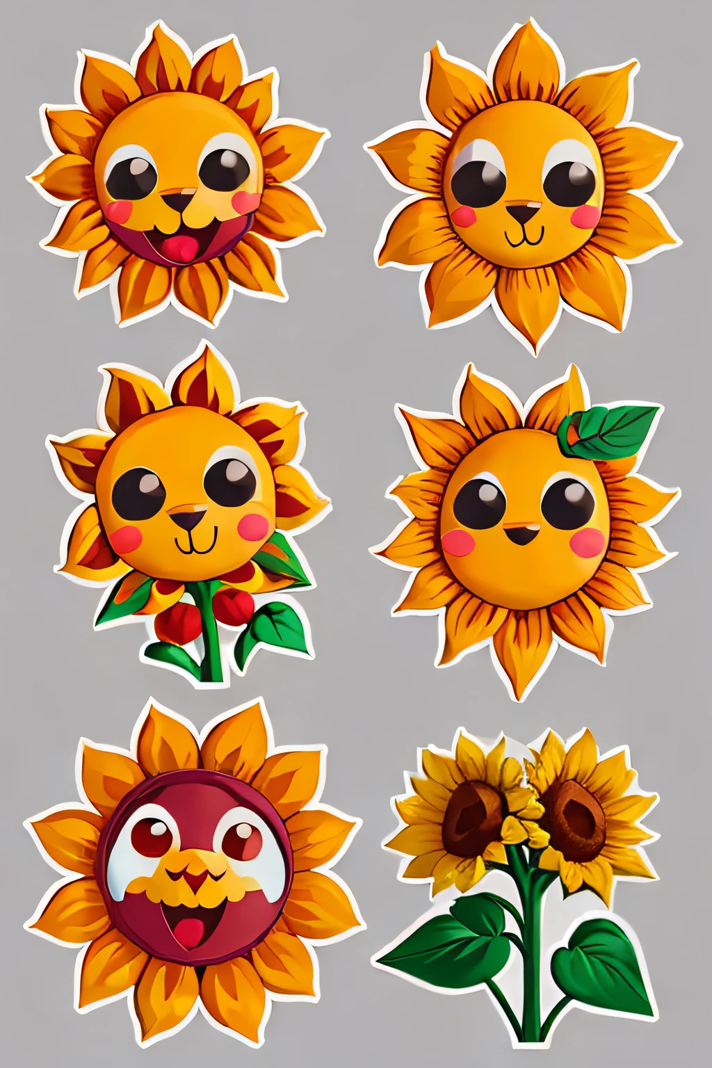 stickers of four sunflower,cute,anthropomorphic sunflower,fear