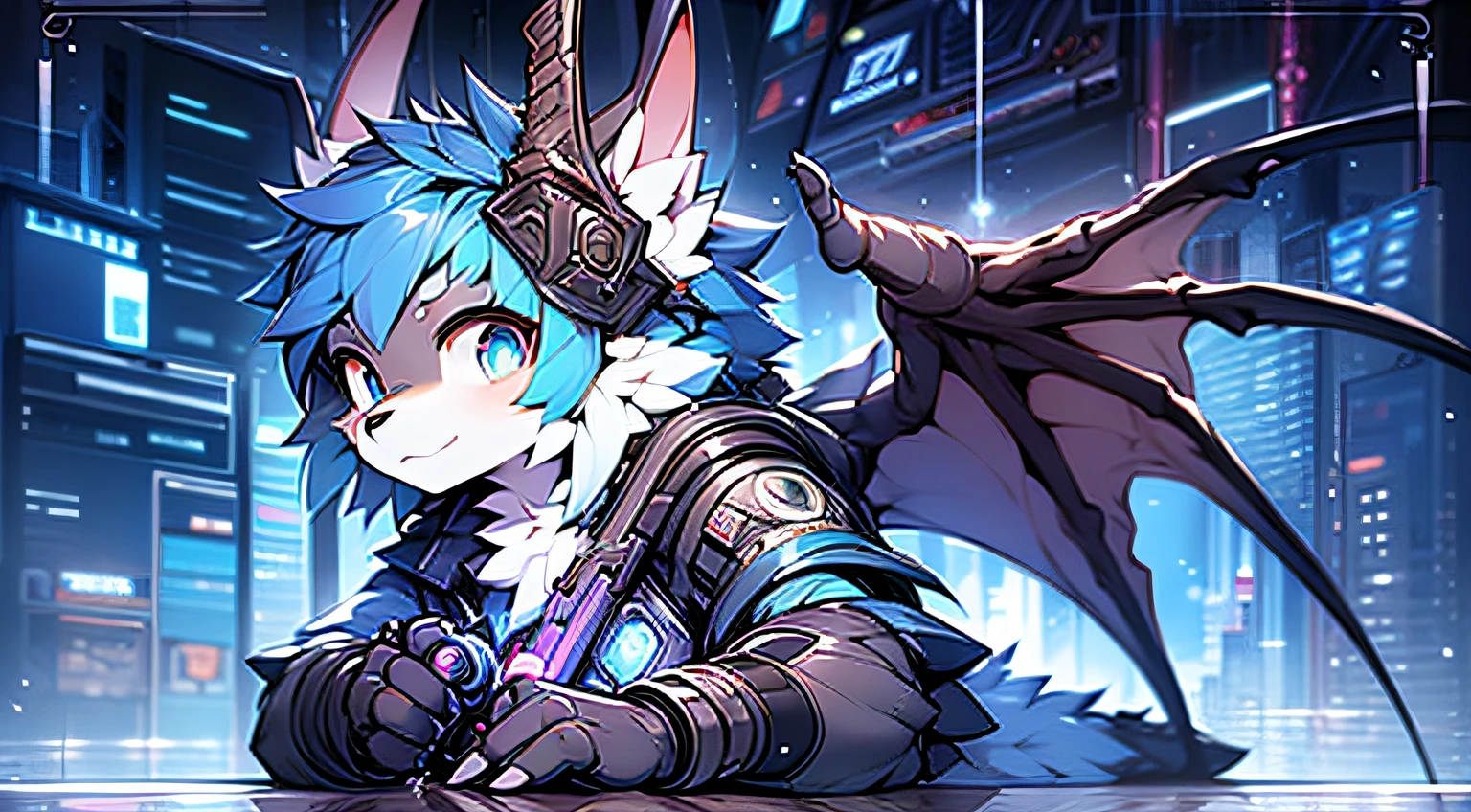 lovely boy,whaite hair,Cyberpunk background,Blue pupil,Soviet elements,holding a gun in her hand,Full body like,Aim for,Wings of ice crystals,The tips of the ears are blue,The character is to the right in the frame