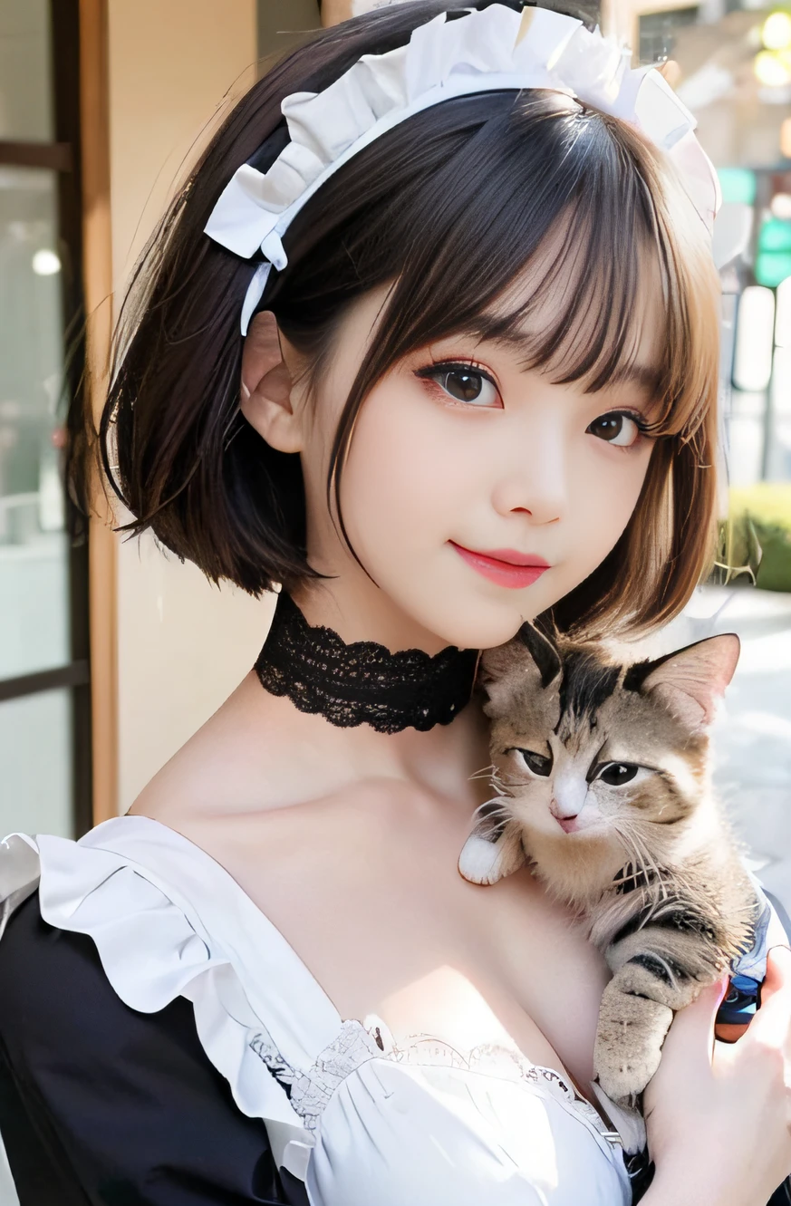 1girl,18 years old,(cleavage between breasts:1.2), beautiful eyes,smile, japanese idol, extremely pretty, cute, perfect face, fascinating smile, captivating smile, happy smile, large round eyes, Gentle facial expression, (holding a cute kitten:1.3), looking at the viewer, 1girl, masterpiece,realistic, white panties,round big eyes, shiny skin,small nostrils,light makeup, (french traditional black maid costume:1.2),maid headdress,short hair,socks, shallow depth of field,