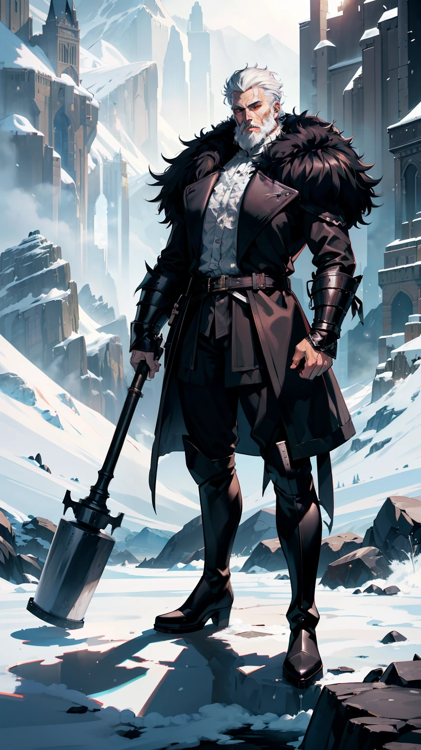masterpiece, ultra detailed, 8k portrait, RAW photo, man's portrait photography, highly detailed face, cool and meticulous eyes, ((Fantasy)), 1 man, (((daring middle aged man))), Adult cool, 55 years old, 190cm, (((tall))), king, standing with hands on hips, (((short white hair))), beard, (((white skin color))), Luxury, (((black fur coat))) fluttering in the wind, metal armor, (((fur boots))), crown, ((holding giant hammer)), Midday Sun, hyper realistic, Strong man's body, Long legs, in the mountain of snow kingdom, Ambient lighting, Shadow details, Camera focus on face, strong breeze, Light fog