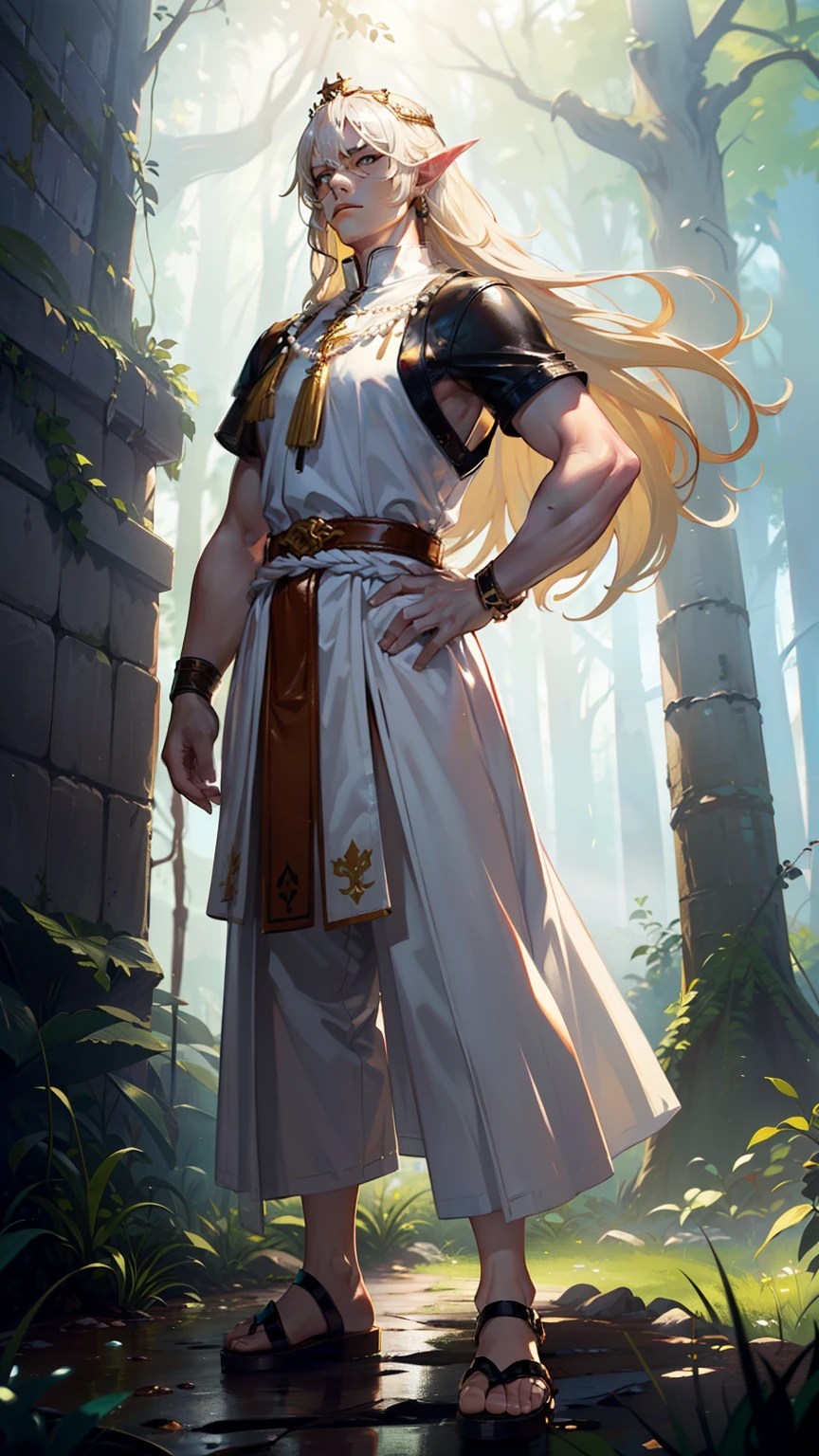 (((((male))))), masterpiece, ultra detailed, 8K Portrait, Raw photo, man's portrait photography, full body, Highly detailed face, ((Fantasy)), handsome middle age man, (((expressionless))), elf man, 1 man, (((king))), standing with hands on hips, ((crown)), (((blond long hair))), (((albino))), (((skin as white as pearl))), (((Gorgeous white long Cassock)), ((wide pants)), (((Leather Sole Sandals))), Midday Sun, Hyper realistic, (((Strong body))), Long legs, In the deep forest castle, Ambient lighting, Shadow details , Camera focus on face, strong breeze, Light fog