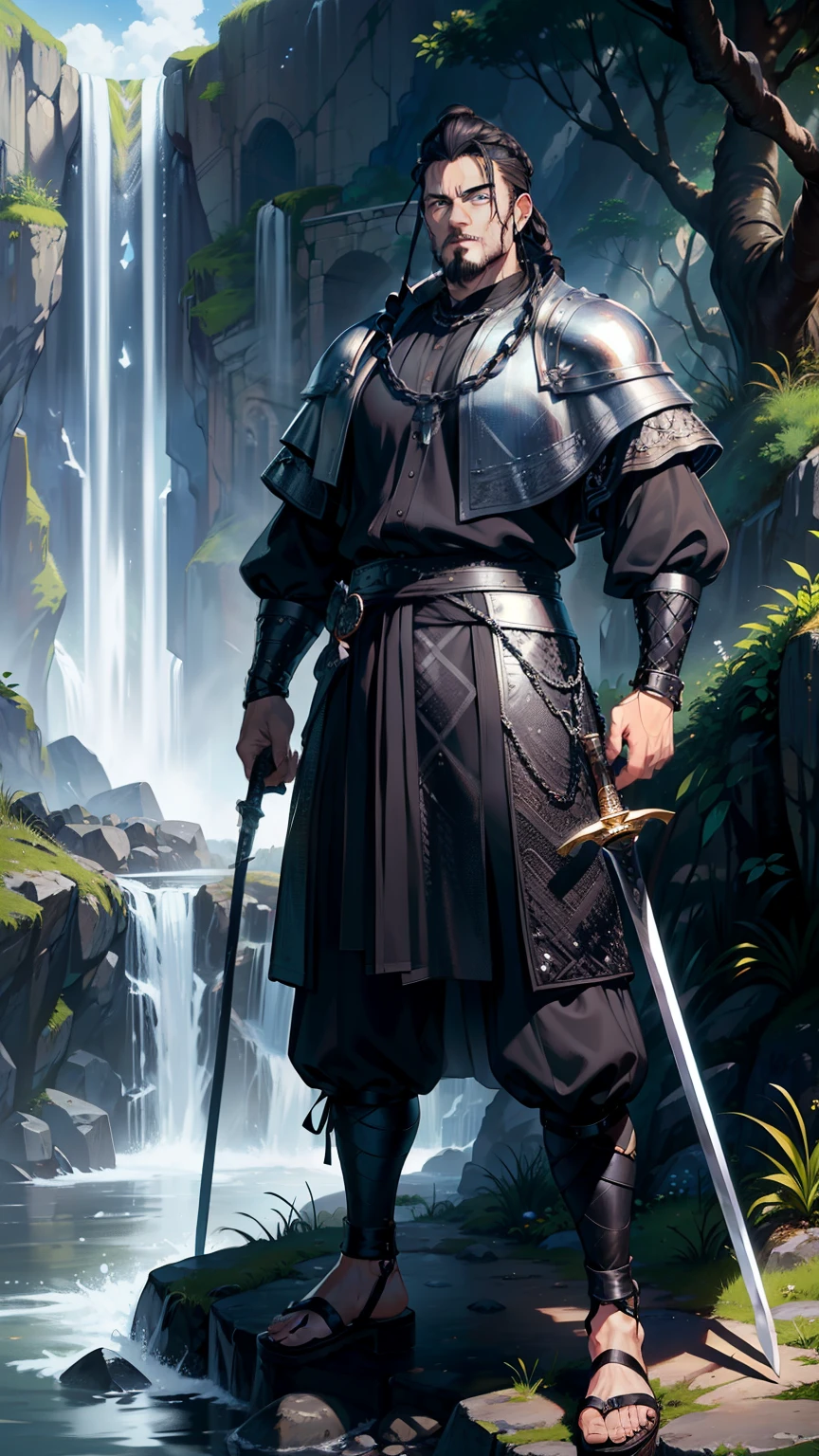 masterpiece, ultra detailed, 8K Portrait, Raw photo, man's portrait photography, full body, Highly detailed face, ((Fantasy)), 1 man, (((daring middle aged man))), Adult cool, 35 years old, 175cm, (((king))), Tight eyes, (((black topknot hair))), (((black chain mail))), leather soled sandals, ((equip a long sword)), Midnight Moon, Hyper realistic, Strong body, by the water fall, Ambient lighting, Shadow details , Camera focus on face, strong breeze, Light fog