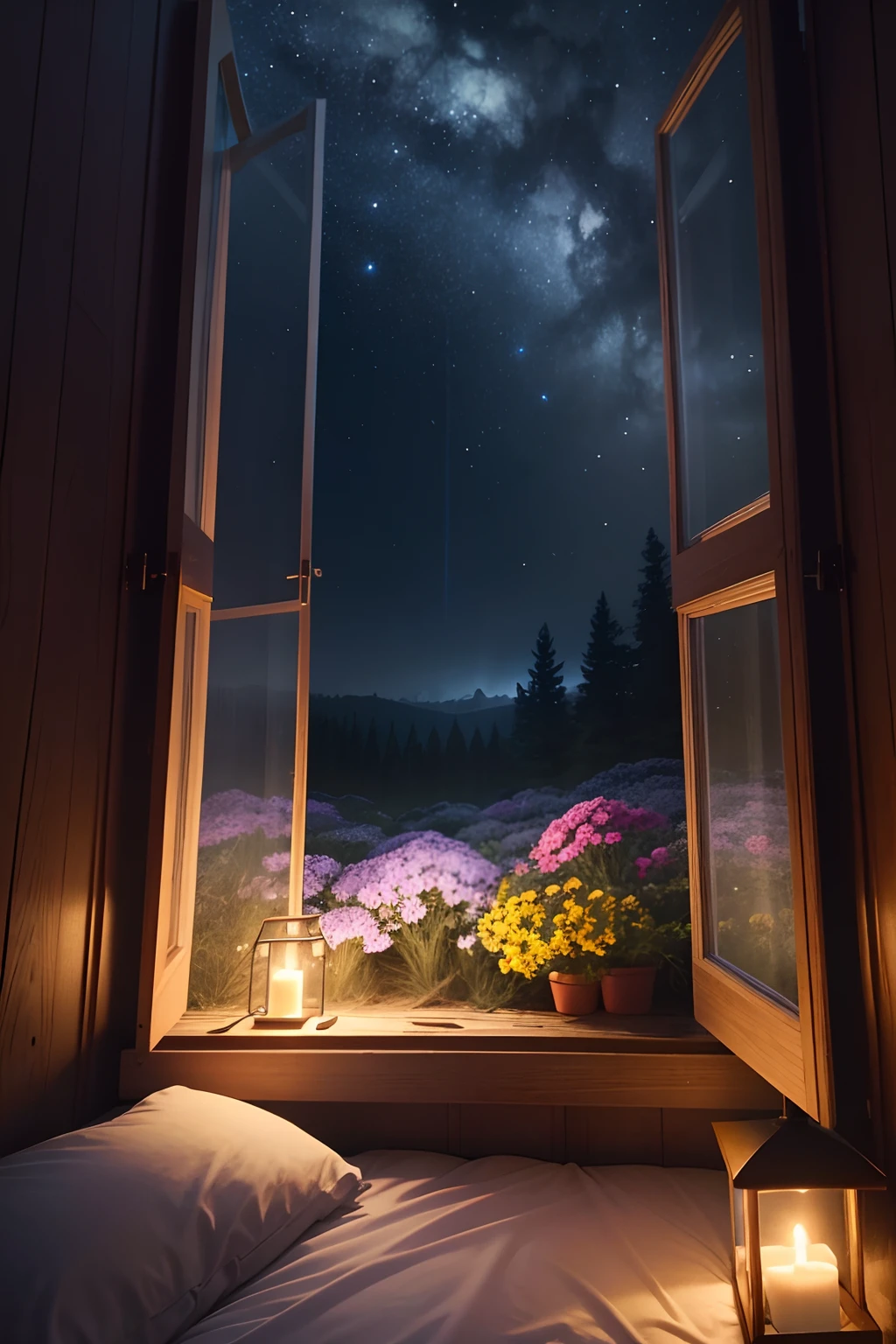 an open window in the middle of a forest next to the sea, full of rainbow-colored flowers, it is night, fireflies, lights in the dark