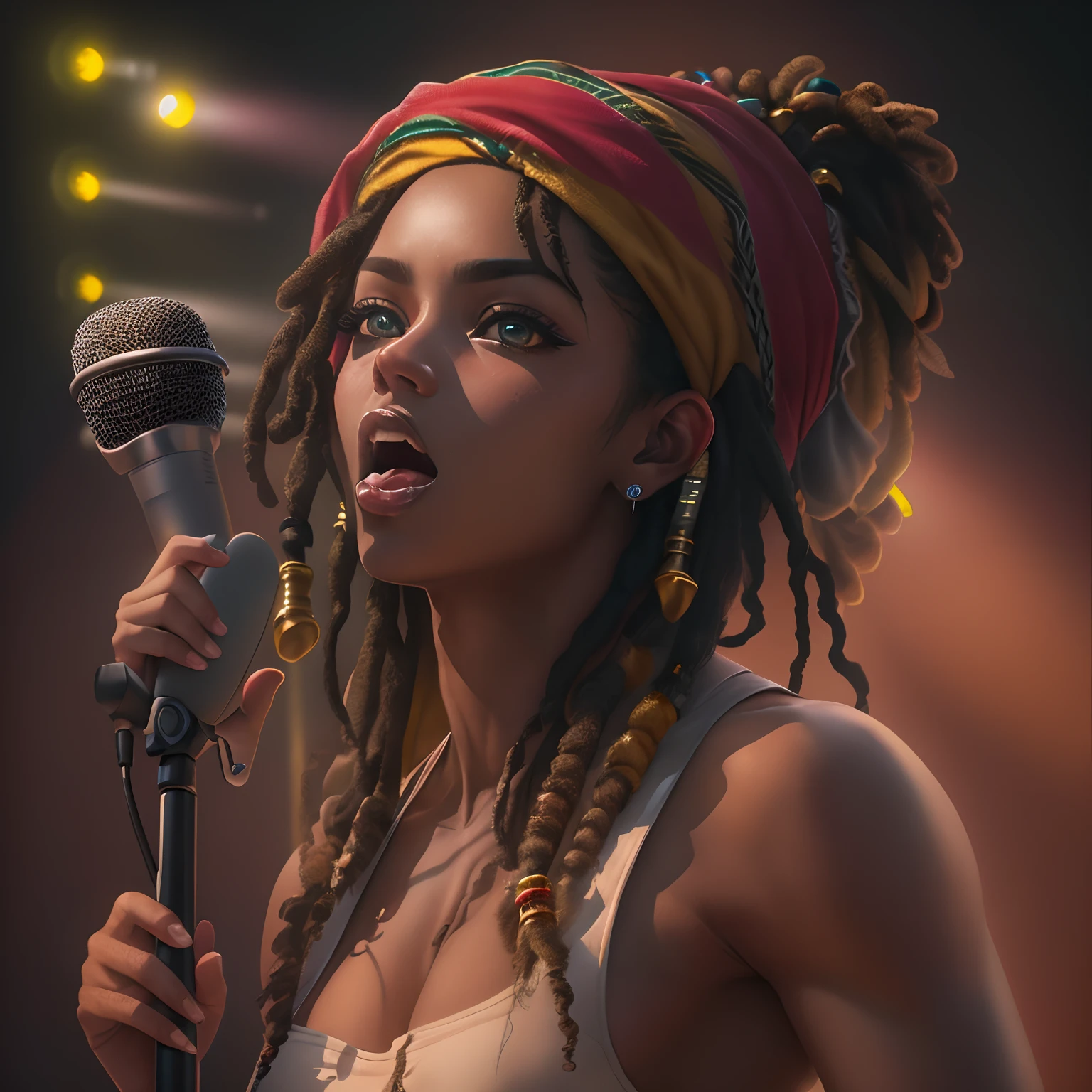 Rastafari girl with fragrant golden Rastafari accessories, photography, gentle lighting, Smooth details, Octana, artstation trend, Ultra High Detail, extremely realistic., Cinematics, 16 k, Image at least 300 dpi, Black background, Lighting to highlight the background picture, (Large and delicate eyes), (Large and delicate eyes), (Large and delicate eyes), (Large and delicate eyes), (Large and delicate eyes), (Large and delicate eyes), (Sharp abs:1.5), (Sharp abs:1.5), (Sharp abs:1.5), (Reggae hairstyles), (Reggae hairstyles), (Reggae hairstyles), (Reggae hairstyles), (Reggae hairstyles), (1 female), (closeup shot), (1 female), (closeup shot), (1 female), (microphone), (Stand on stage and sing), (microphone), (Stand on stage and sing), (microphone), (Stand on stage and sing), (microphone), (Stand on stage and sing), (1 female), (1 female), (1 female), (1 female), (1 female), (closeup shot), (closeup shot), (closeup shot), (closeup shot), (rage), (rage), (rage)