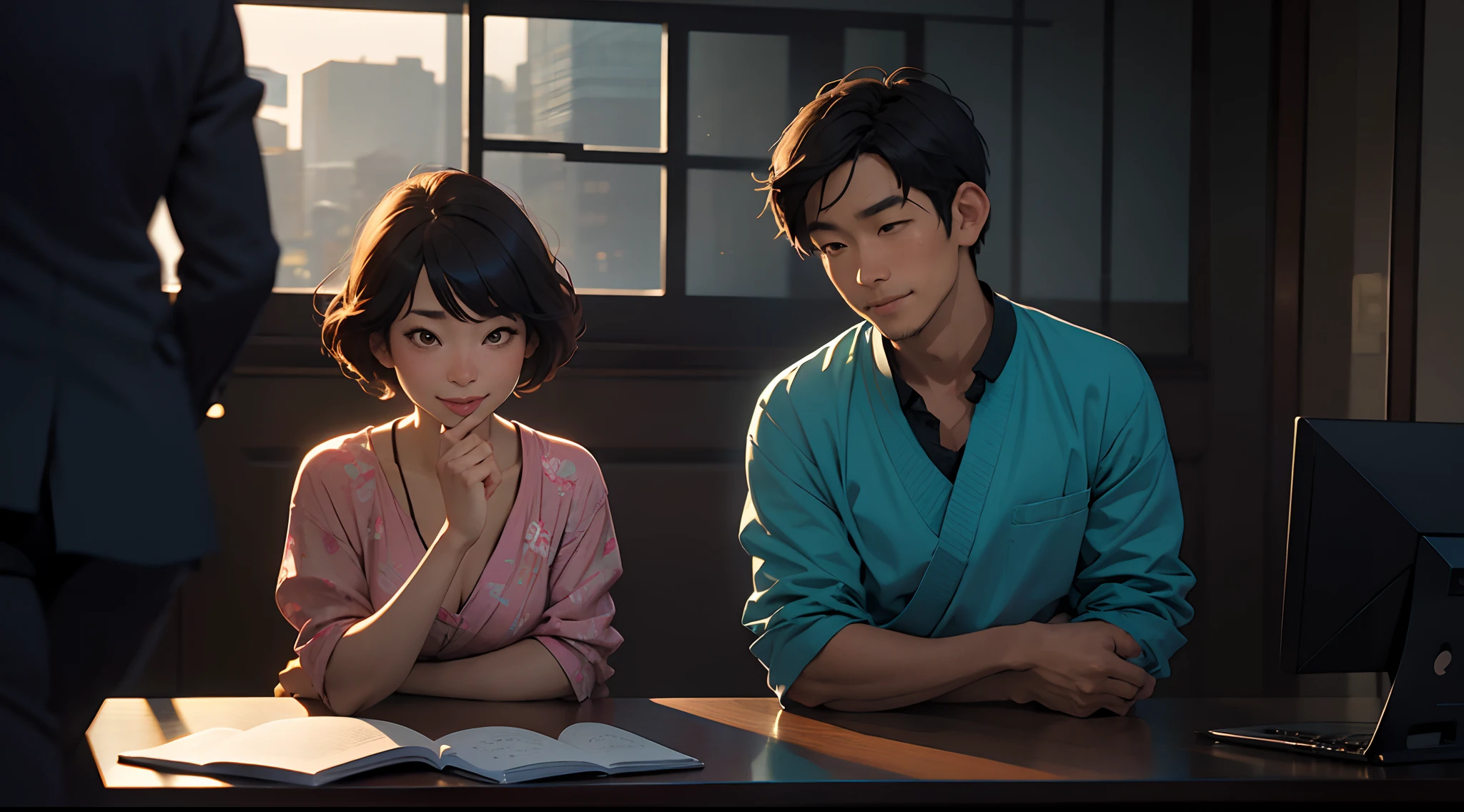 It's two people in the room, one is a woman and the other is a man, at office, High definition, Ikuo Hirayama, Yoshitomo Nara, Sobre a mesa, Tadashi Nakayama, sorridente, beautiful face,