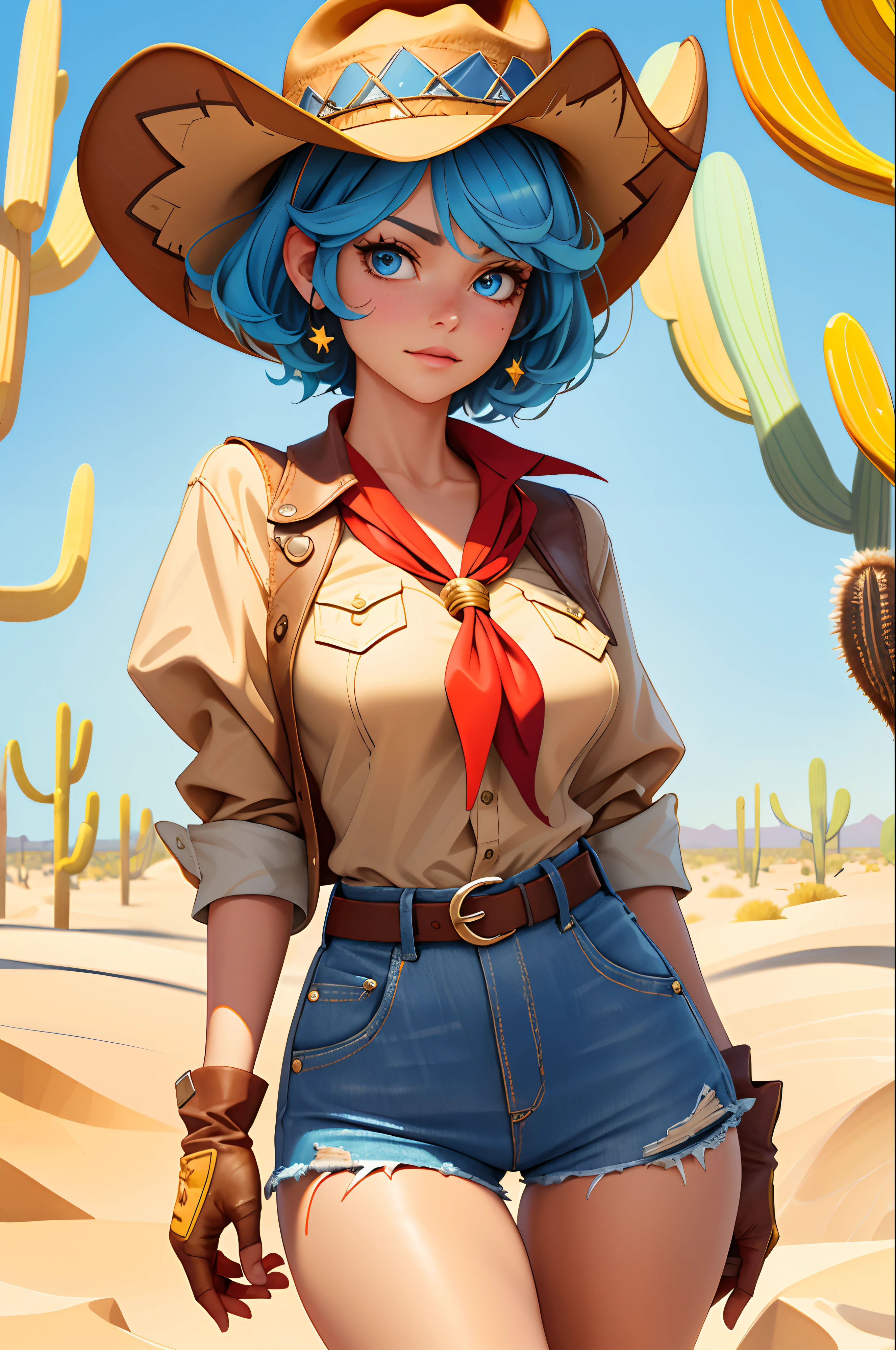 (masterpiece, best quality:1.4), absurdres, highres, ultra detailed, beautiful, 1girl, (cowboy, cowboy western, cowboy hat:1.4), (perfect face, detailed face, beautiful:1.3), (blue eyes, golden hair, bangs, hair intakes, short hair), (natural breasts, cleavage), collarbone, brown vest ,collared shirt, fingerless gloves, gloves, hat, navel, neckerchief, red neckerchief, revolver, short shorts, shorts, slim thighs, belt, (sunny desert:1.4), thigh gap