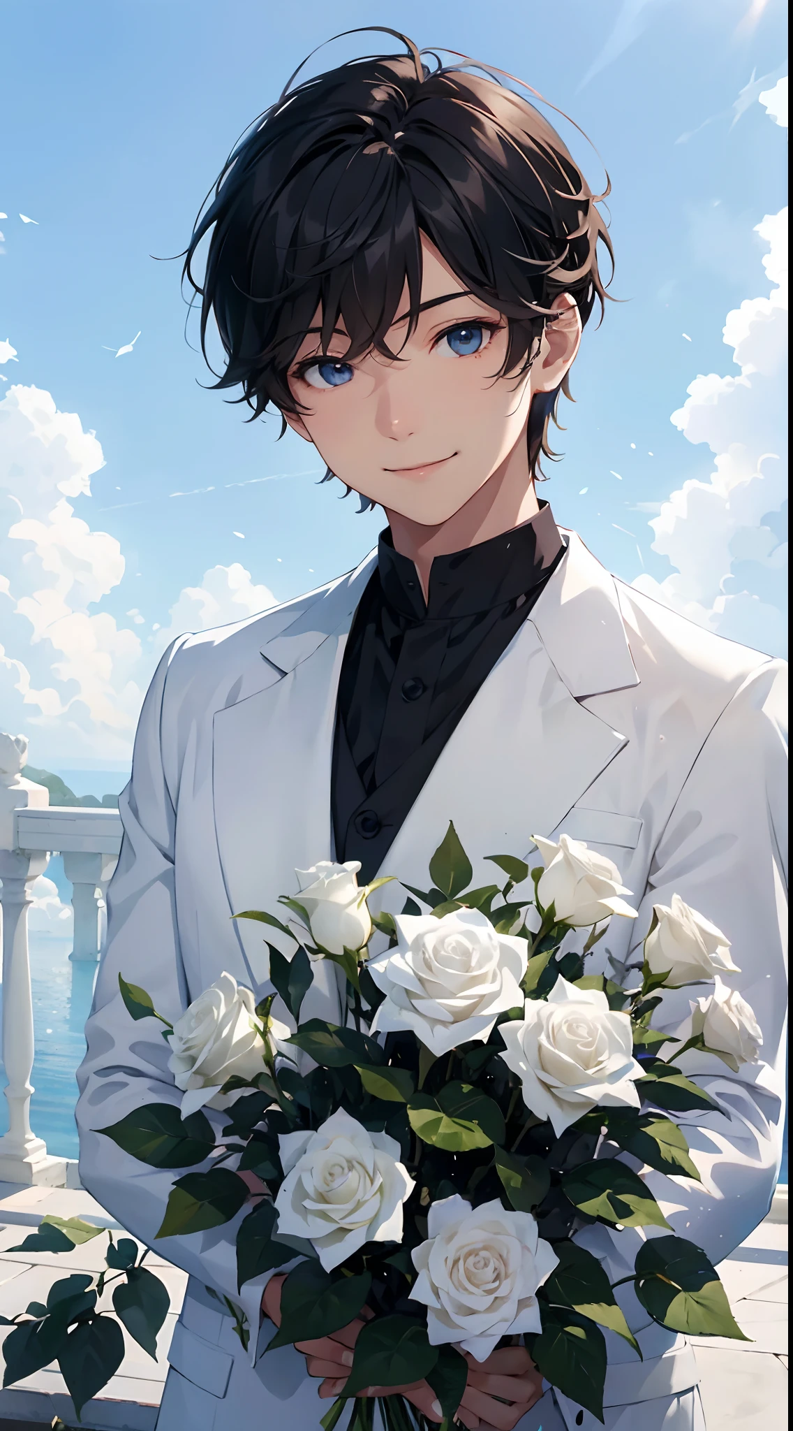 A boy with，White roses，The sky is blue，and the sun was shining brightly，A mysterious atmosphere，Smiling，Medium telephoto lens，ultraclear，ultra - detailed（half-body portrait）