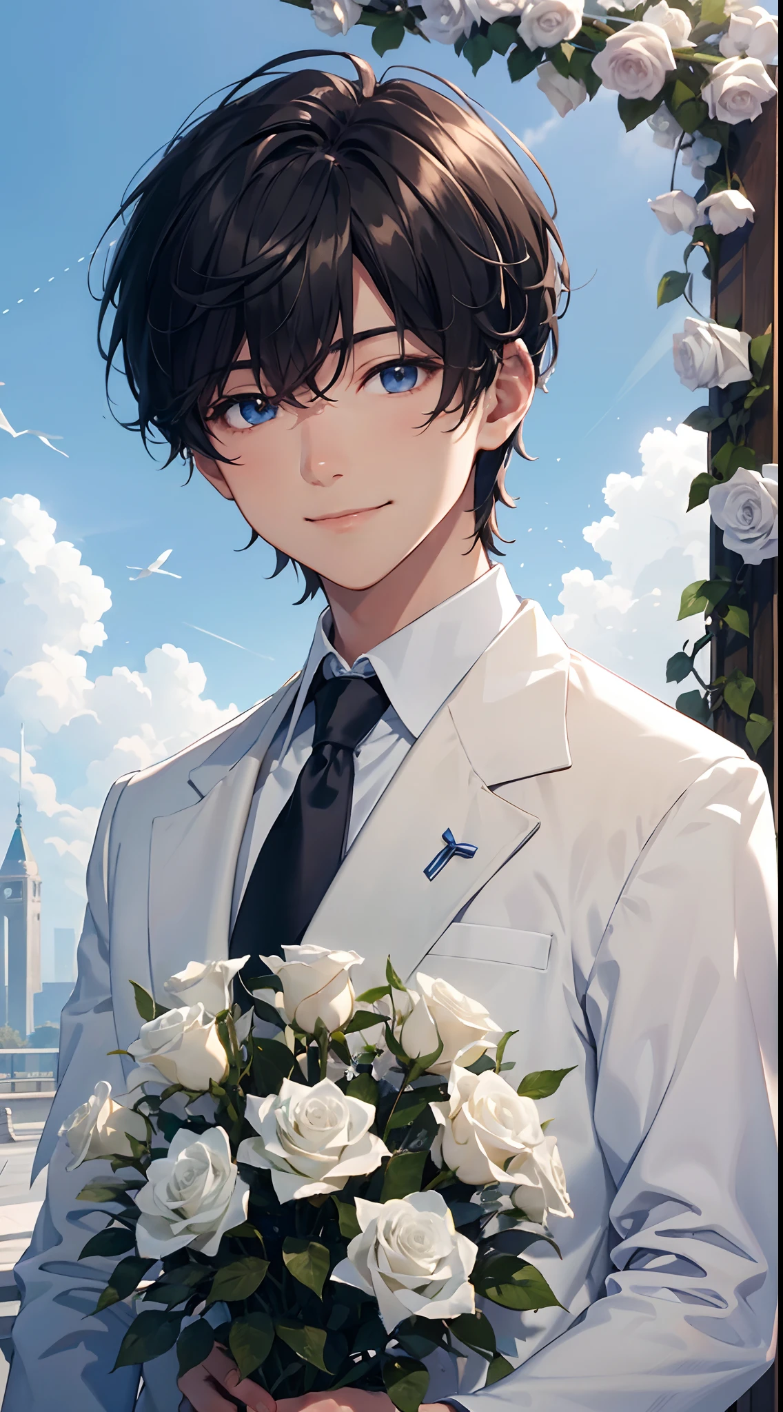 A boy with,White roses,The sky is blue,and the sun was shining brightly,A mysterious atmosphere,Smiling,Medium telephoto lens,ultraclear,ultra - detailed(half-body portrait)