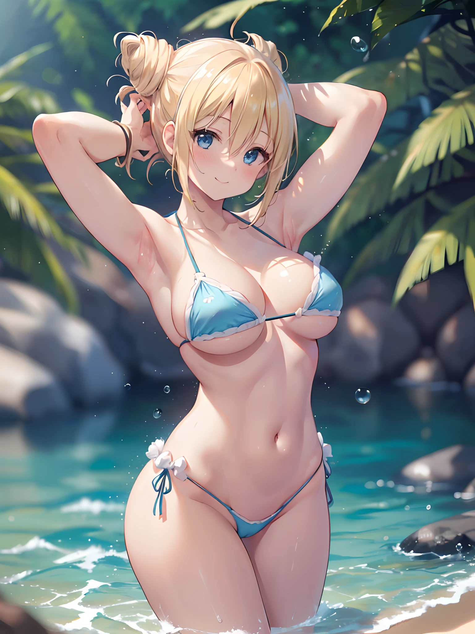 1girl in, (Chiquita:1.2), Kaho Hyuga, a blond, Hair buns, 

Blue Micro Bikini,   
(Best Quality, hight resolution, 4K, Detailed Lighting, Shaders, perfect anatomia, depth of fields, NSFW:1.2), 
(Focus:1.2), 
Arms up, 
Smile, blush, 
Looking at Viewer, 
Beach,