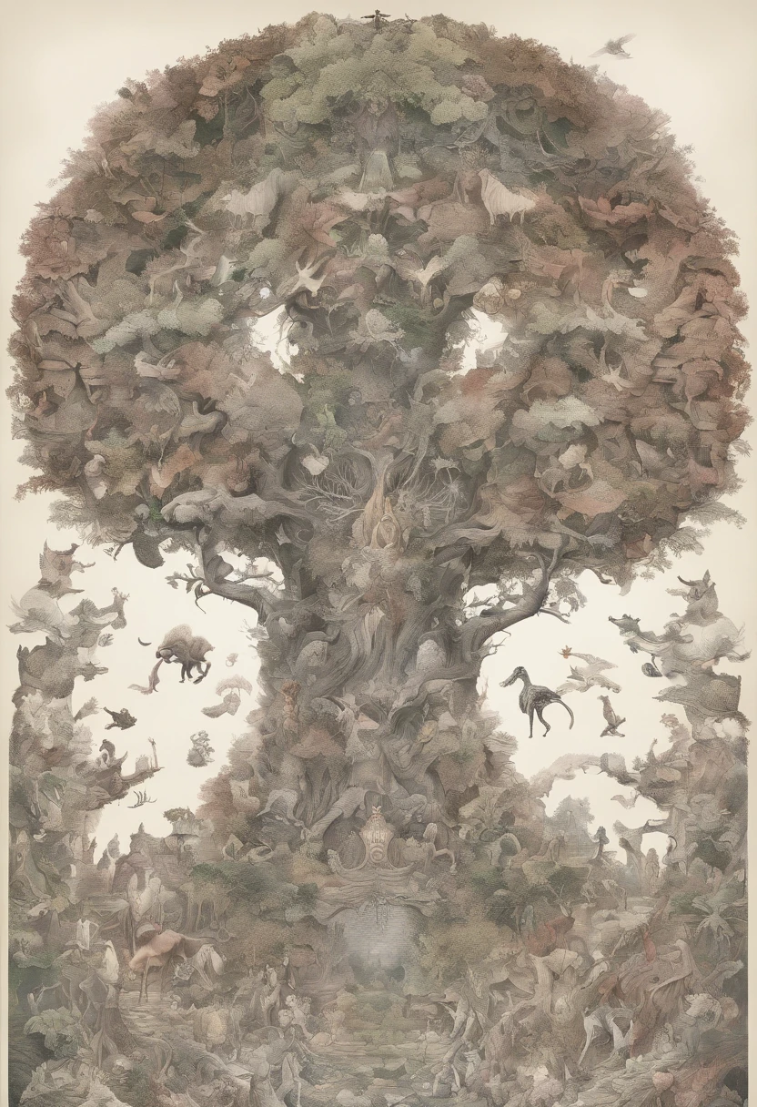 The big tree of the development of earth civilization,The leaves are made up of a variety of animals that are now present on Earth,On the right half are animals that still exist today,The left half is an extinct animal,white bones