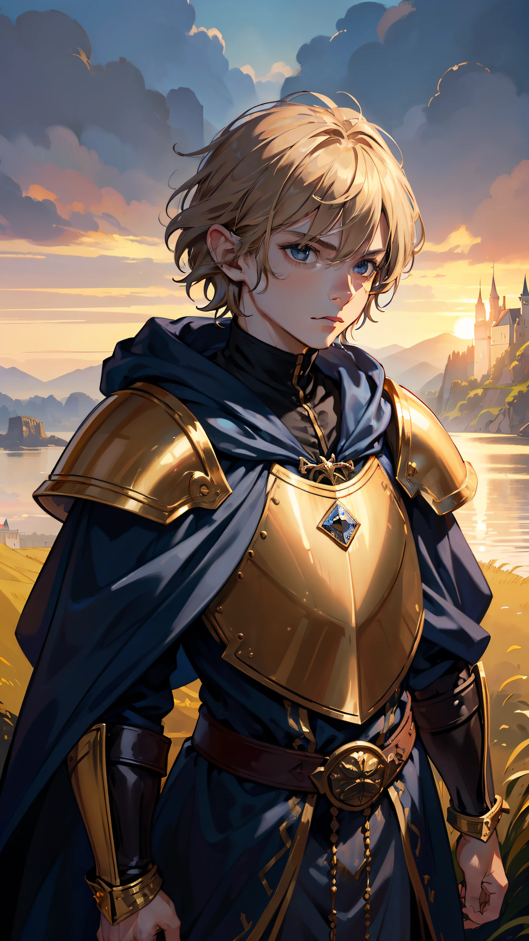 (((boy))), masterpiece, ultra detailed, 8K Portrait, Raw photo, man's portrait photography, full body, Highly detailed face, ((Fantasy)), 1 man, (((hobbit))), (((daring boy))), young cool, 55 years old, 120cm, (((king))), blond long wavy hair, beard, (((navy blue silk long cloak))) Fluttering in the wind, (((gold heavy armor))), ((raise the sword)), Midday Sun, Hyper realistic, Strong body, by the foggy castle, Ambient lighting, Shadow details , Camera focus on face, strong breeze, Light fog