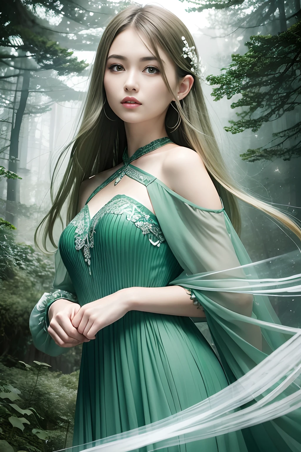 (Masterpiece, Top Quality, Best, Official Art, Beautiful and Aesthetic, Long Exposure: 1.2), Smooth Movement, Charming Patterns, 1 Girl, (Long Dress with Sleeves: 1.3), (((Green Clothes) )), upper body close-up, bare shoulders, Chinese girl, blush, black lob hair, portrait, solo, upper body, looking at the observer, detailed background, detailed face, (crystallineAI, crystalline theme:1.1), elemental wood elf, rotation foliage, control foliage, emerald clothing, dynamic pose, floating particles, ethereal dynamics, foliage, vapor, forest in the background, green tint, forest, ethereal atmosphere,