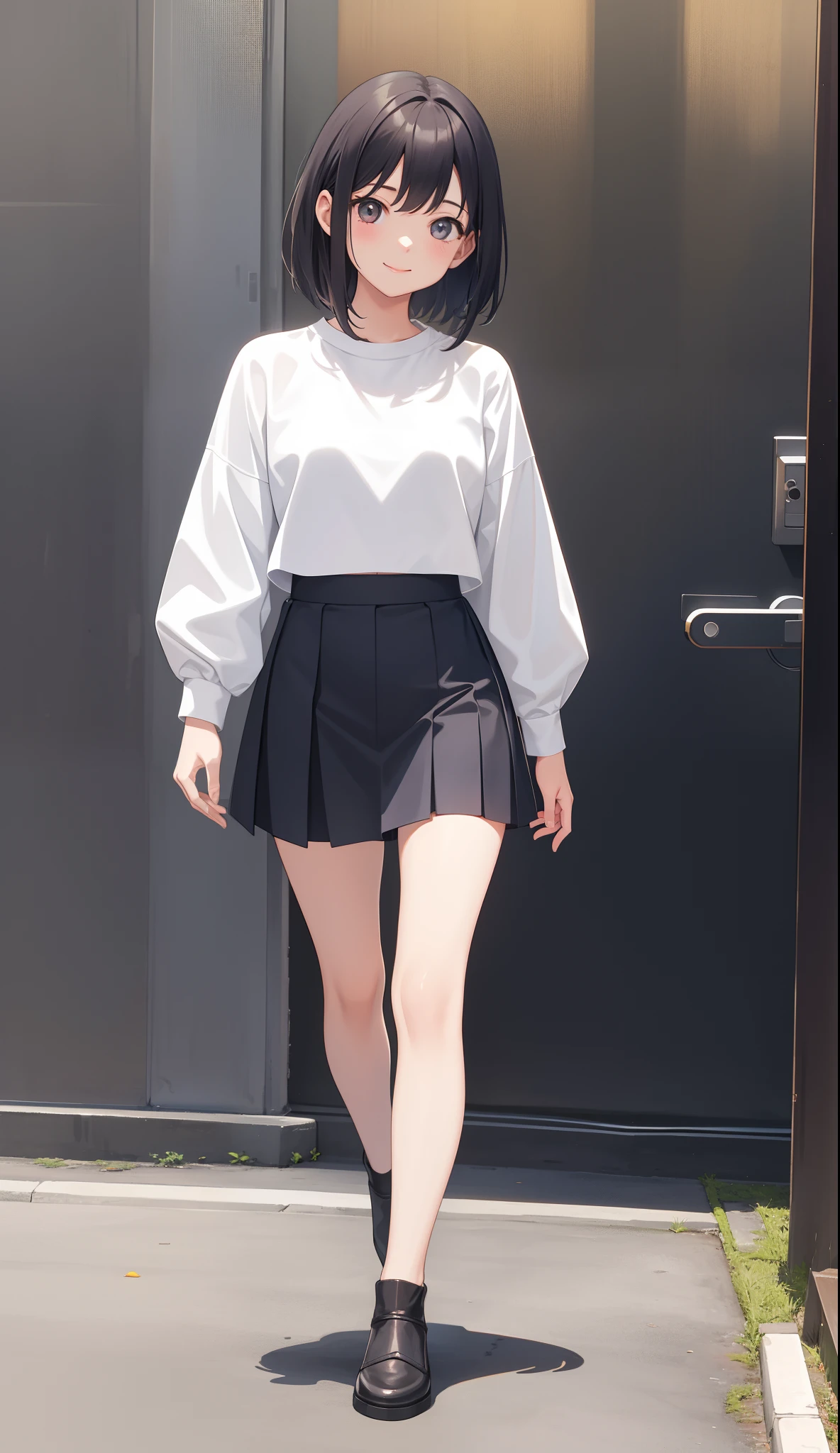1girl in、AS-Adult、A smile、The shirt、a miniskirt、(small tits)、Walking with a thigh、Upper body portrait、