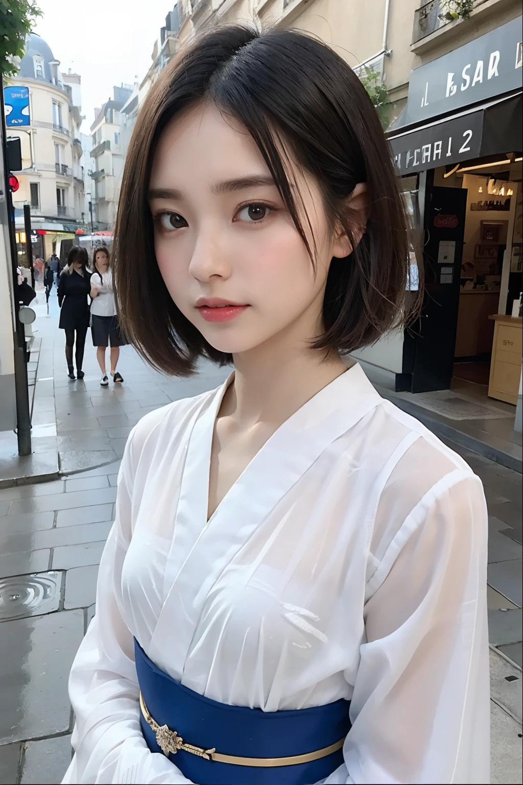 (of the highest quality, 16 K, masutepiece: 1.3)), 1 girl, Sharp Focus: 1.2, Beautiful Women in Perfect Figure: 1.4, Slender Abs: 1.2, (((Short bob hair)), ((Small: 1.4)), ((Beautiful Face Idol: 1.3)), (Transparent fabric kimono 1.5)), Highly detailed face and skin texture, Detailed eyes, Double eyelids, (((Pause)), (Seductive)), Walking, Streets of Paris, low angles, Shot from below