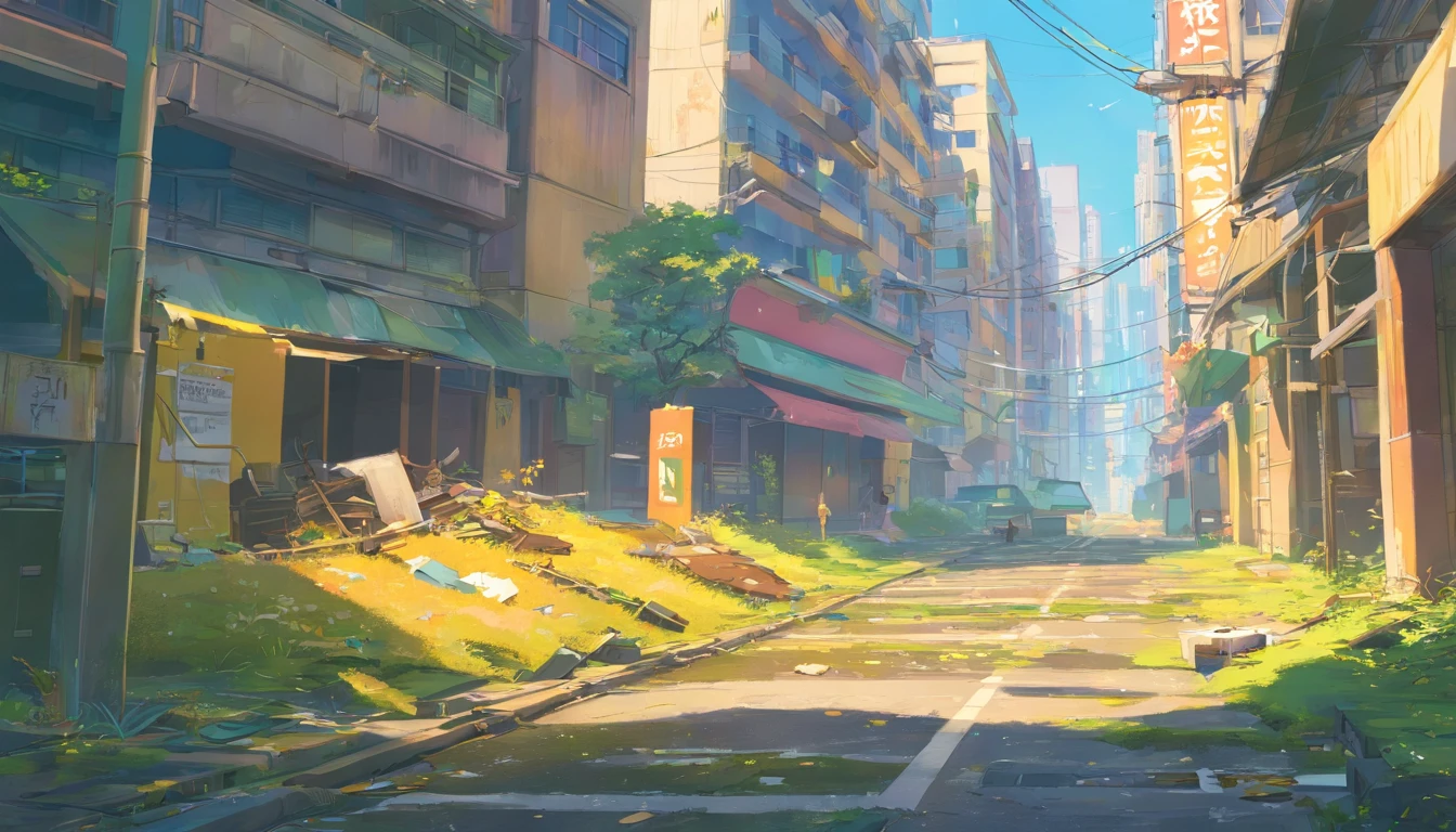 A city ruined surrounded by garbage, moss and branches have grown, but its decay and beauty are intertwined, the reinforced concrete buildings radiate an air of hope in the doomsday sun, and the art style is close to realism in detail, the color is orange and yellow