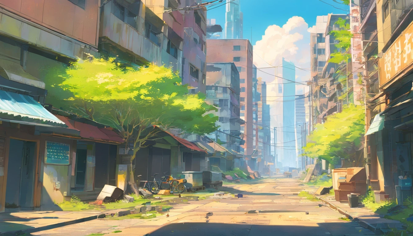 A city ruined surrounded by garbage, moss and branches have grown, but its decay and beauty are intertwined, the reinforced concrete buildings radiate an air of hope in the doomsday sun, and the art style is close to realism in detail, the color is orange and yellow