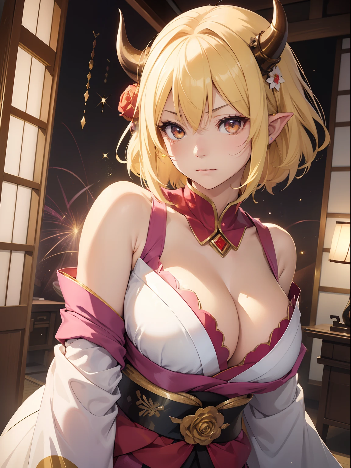 masutepiece, High resolution, 8K, anime woman, Delicate and detailed writing 、Detailed digital illustration、Short hair、perm、Shiny hair、Bangs、a very beautiful woman、Eyes are double, Large, Bust is D cup、High image quality, High quality、Detailed background、The inside of the eye shines like a diamond、Light yellow hair、Gradient pupil、(((2 arms、4 fingers, 1 thumb)))、Detailed female face、Very beautiful and cute woman、、Meticulous background、masterpiece、 Bright gradient watercolor , Lens Flare , (((Glitter))) , Glow , Dreamy , Yellow Ribbon、((Very beautiful yellow rose hair accessories))、((Straight at the angle of the front))、(((Red and White Devil's Horns))),(((Komono)))、(((Japanese-style room background)))、(((annoyed)))、((loimu,Background with、explosions,))