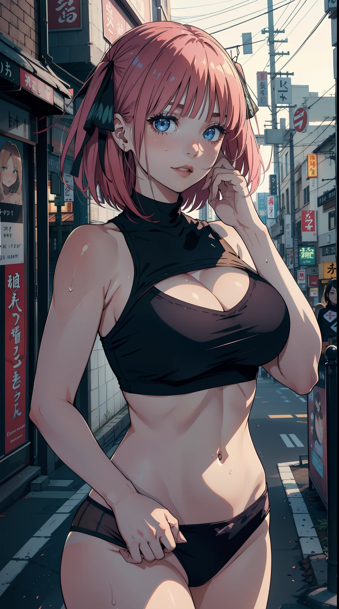 Dynamic poses, ultra detail, large breast,looking at viewer, top quality, masterpiece,detail face, outdoor, top quality, smile, jewellery, elegant, blush, night:1.5, turtleneck crop top, navel, six pack, body goals:1.5, hair ornament, tokyo city:1.5, 1female，（Very detailed CG unity 8K wallpaper），best qualtiy，cinematic lighting，detailed background，beatiful detailed eyes，Bright pupil，Redlip（Very fine and beautiful），（Beautiful and detailed eye description），ultra - detailed，masterpiece，）, exposed cleavage, black panties, bare shoulder, exposed armpit, sweating, one hand behind head