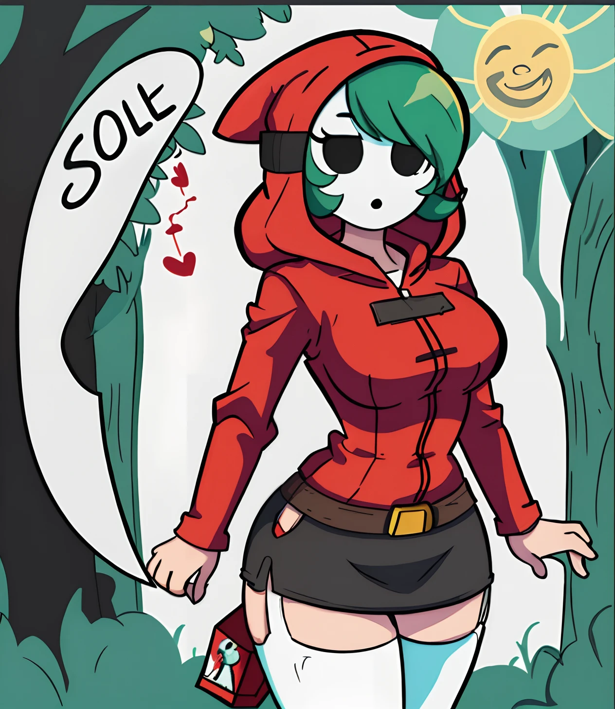 [shy gal], [Uploaded to e621.net; (twistedterra), (wo262), (cabronpr)], ((beautiful render art)), ((solo portrait)), ((full body)), ((cowboy shot)), ((High quality)), ((anime)), ((detailed shading)), ((intricate details)), {(shy guy), (woman body), (shy guy mask), green hair, beautiful legs, (curvaceous hips)}, {(solid red cloth dress), (short red pencil skirt), red hood, brown belts, white knee high socks, blue heel boots)}, {(standing)} [Background; (forest), (sunny), (trees), (sun rays through trees)]