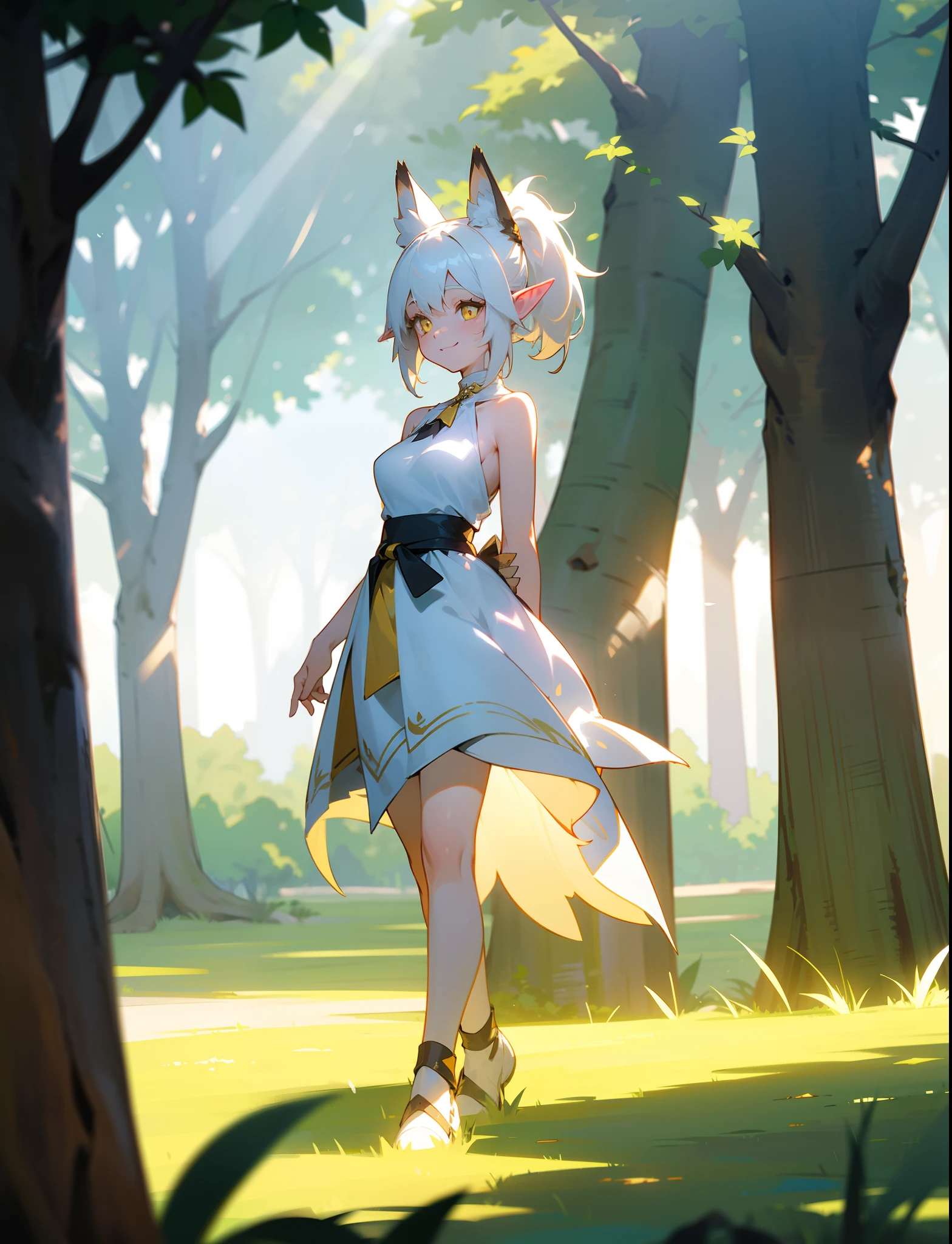 1girl,medium breasts,white dress,sleeveless,short ponytail hair,yellow eyes,white hair,fox ears,elf ears,(sunlight, dappled sunlight, day, depth of field,outdoor,grass,trees),happy smile,full body