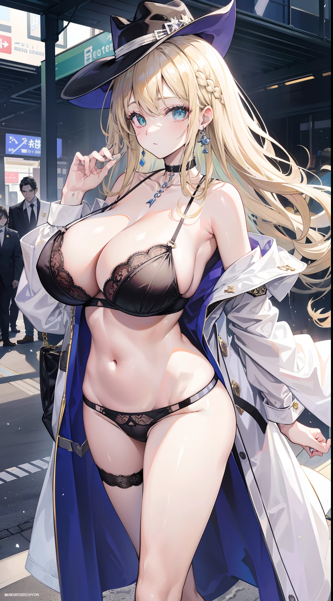 Chains,耳Nipple Ring,choker necklace,Forehead,middle parted hairstyle,femele,Train station,a beauty girl,Long light blonde hair,green pupills,Business suit,white business suit,in suit,White color blouse,((Black panty)),wind coat,Cowboy hat,Flower arrangement on a hat,The streets of London,high-heels,obi strip,tiese,wind coat,ssmile,huge tit,(cleavage),(huge tit),((Lace lingerie big breasts))