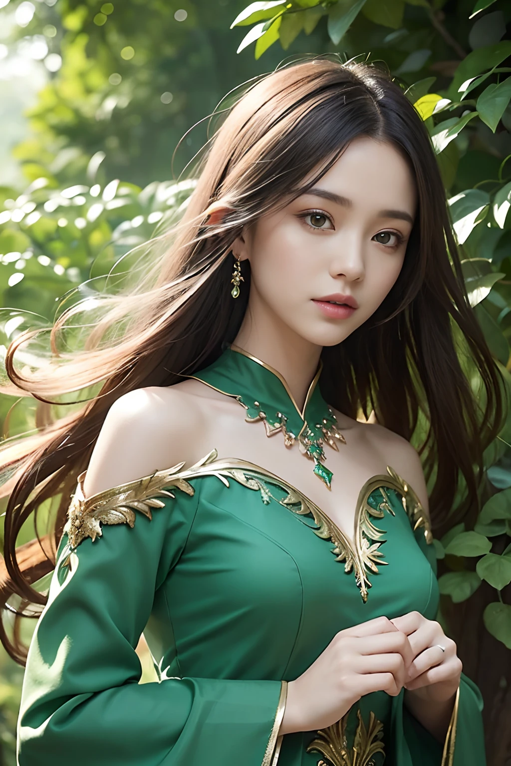 shenron_Real, (Very detailed CG Unity 8K wallpaper, masutepiece, Best Quality, super detailed, beautiful finely detailed eyes: 1.2), The best lighting, (Qi bangs), (Ring Finger Diamond Ring), (best shade, Extremely delicate and beautiful, Blooming), 1 rapariga,Japanese ido,beautiful smiling face, (1 girl: 1.4), large full breasts,Big ass,A slender,long beautiful hair,Solo, Emerald hair ornament, a necklace,Sexy Armor Dresses,Green stockings,high-heels,Ancient Forest,Absolutely beautiful lake,The best lighting,Look at viewers,dynamic ungle, (Holding a cute little dragon in your hands: 1.4),(It blooms with a large number of green flowers),