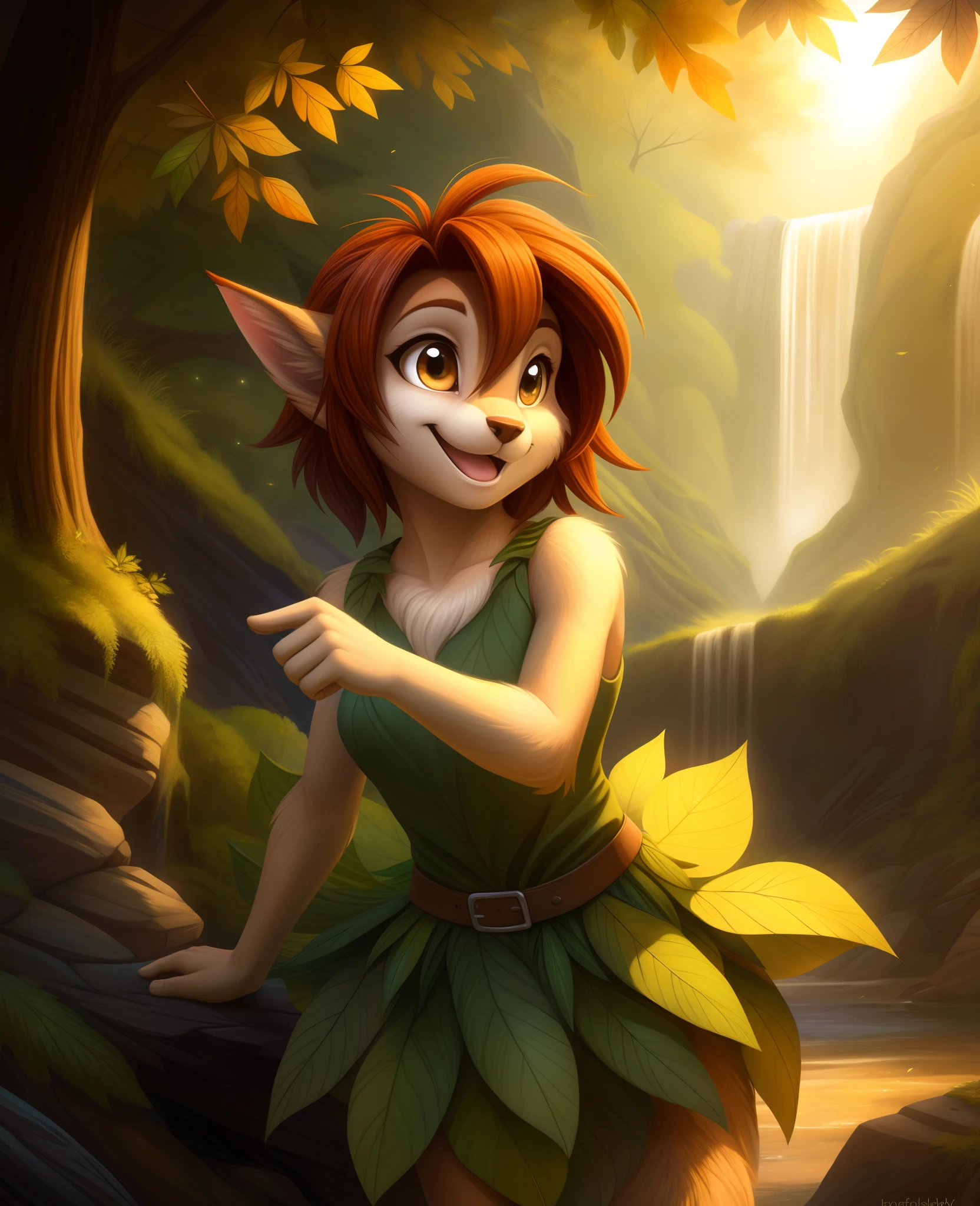 by kenket, by totesfleisch8, (by thebigslick, by silverfox5213:0.8), (by syuro:0.2), elora furry, detailed and extremely fluffy body fur, fluff, masterpiece, looking up beautiful surroundings, detailed background, happy, leaf-dress,