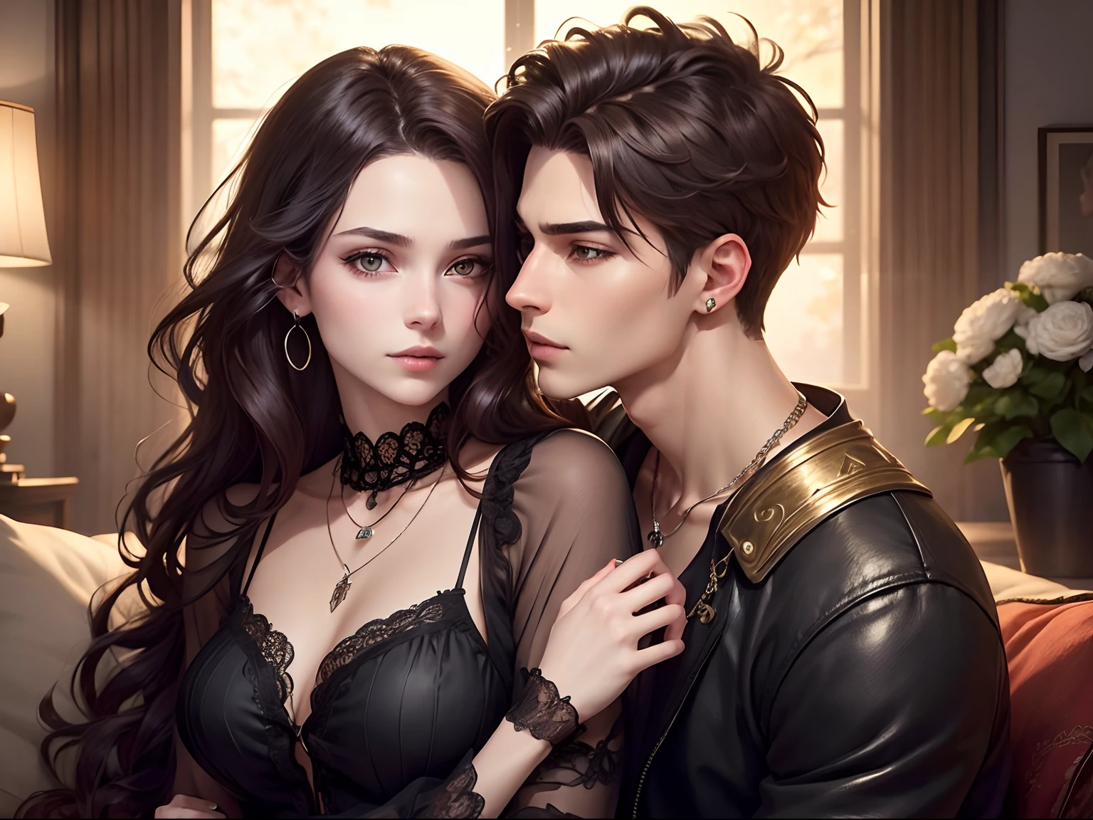 masterpiece, top-quality, 2Others, Male and female couples, fullbody,, Adults, Height difference, different fashion, different color, finely eye and detailed face, intricate detailes, Casual clothing, have sex in living room, Hands on back, A smile, Happiness, tenderness, high-level image quality、 gentle male、tall、hug from behind、Trying to kiss、nightfall、nighttime scene、𝓡𝓸𝓶𝓪𝓷𝓽𝓲𝓬、By Fedman with a necklace, androgynous vampire, detailed punk hair, ((asa)) baggy eyes, Seductive and have sex. Highly detailed, semi realistic anime, hyperrealistic teen, delicate androgynous prince, imvu, short hair above the ears, Man with short hair, Woman with long wavy hair, A man with a glaring expression and a woman with a gentle expression, With a short-haired man with brown hair, Woman with pretty long red hair