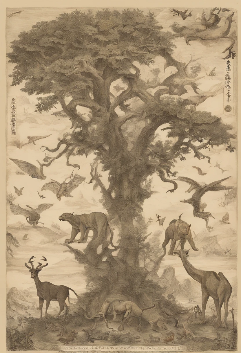 titles:"The Tree of Life"
depiction:
My work is called"The Tree of Life",With a huge tree as the center,It symbolizes the development of earth's civilization and the diversity of life。The leaves are made up of a variety of living and extinct animals,Visualize the living animals on the right half and the extinct animals on the left。
This huge tree comes to life,The trunk is thick,The branches extend upwards,Extend the branches。Leaves are the focus of the work,Each leaf is drawn in a different animal form,It represents the rich and diverse variety of life on Earth。
On the right half,We can see some existing animal figures。The elegant giraffe stretches its neck to eat,Symbolizes grace and power in nature。Agile cheetah running across the steppe,Demonstrate speed and keen perception。Intelligent orangutans demonstrate intelligence and social skills。Other living animals such as elephants、the Lion、Pandas and others are also brought to life。
And on the left half,We see some images of animals that have become extinct。Giant mammoths and saber-toothed tigers represent ancient times during the Ice Age。Pterodactyls soar in the sky,Represents the splendor of the age of dinosaurs。Other extinct animals such as ancient sharks、Pterodactyls and others also show their unique appearance and characteristics。
The work combines living and extinct animal figures,Remind viewers of the importance of biodiversity。The image of extinct animals on the left is a warning about the impact of human activities on the Earth's ecosystem,We call on everyone to protect the planet's biodiversity,Avoid the extinction of more precious species。
The overall color use is dominated by natural tones,Dark green and brown represent the power of life and land,The living creatures are brightly colored,The image of extinct animals uses deeper colors,to highlight their history and preciousness。