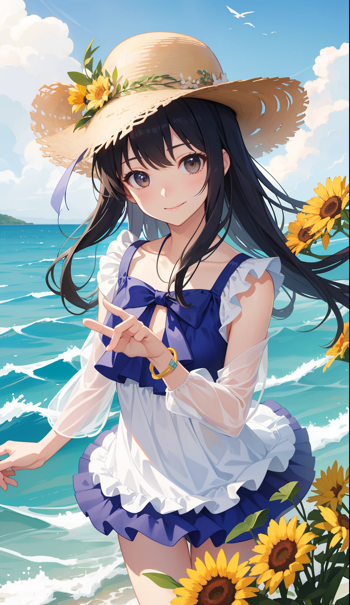 1girl in、AS-Adult、A smile、sea side、suns、the wind、Cute swimsuit、Upper body portrait、
