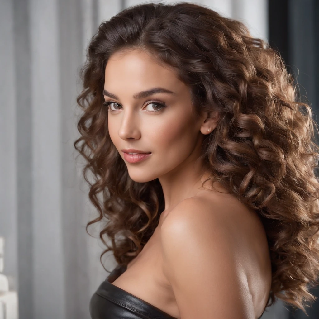 23-year-old woman with tanned skin and leather outfit, (seductive look and voluminous curly hair and happy expression in sensual pose, in einer Disko), full entire body, Fokus auf Lederoutfit, Perfect skin and tan, Sonneneinstrahlung, Geringe Verschattung, Zartes Gesicht, goldene Haut( Realist, vibrierend, sinnlich, Brennpunkt, scharf) (Leder), braune Locken, sexy