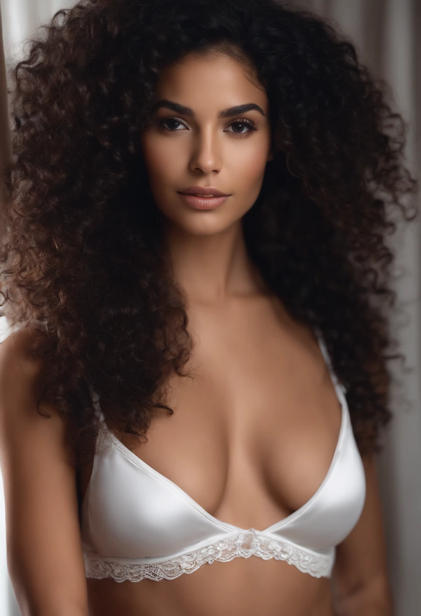 23-year-old woman, Latin descent, curly black hair, dark brown complexion, light eyes, wearing white lingerie, slim body with sexy medium breasts.