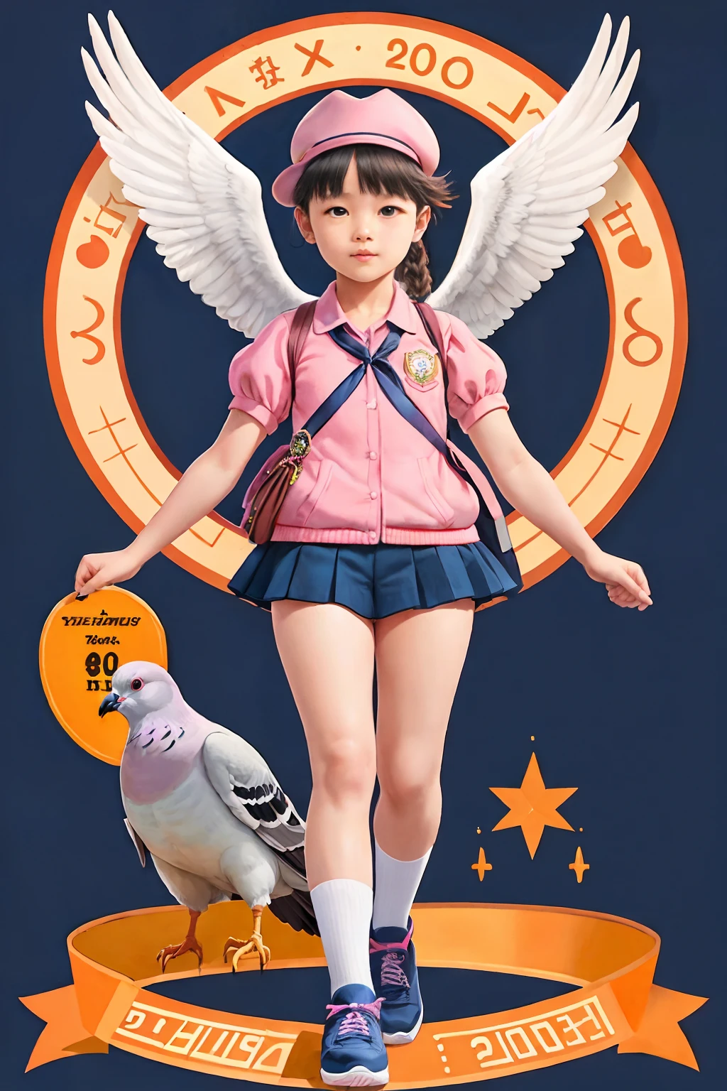 A commemorative badge for the 20th anniversary of an elementary school，There are pigeon elements，There's a *********** in the picture，k hd，tmasterpiece