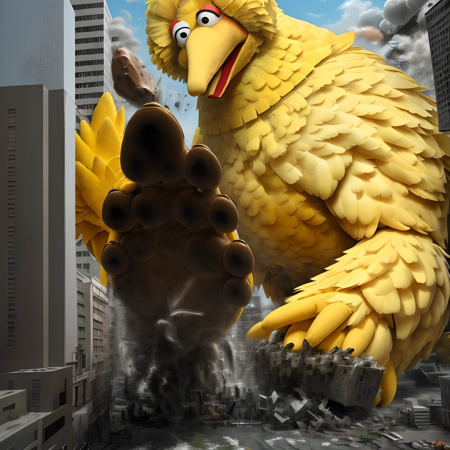 Big bird destroying a city, stomp, gts, pov, giga giantess, orange dirty paws,