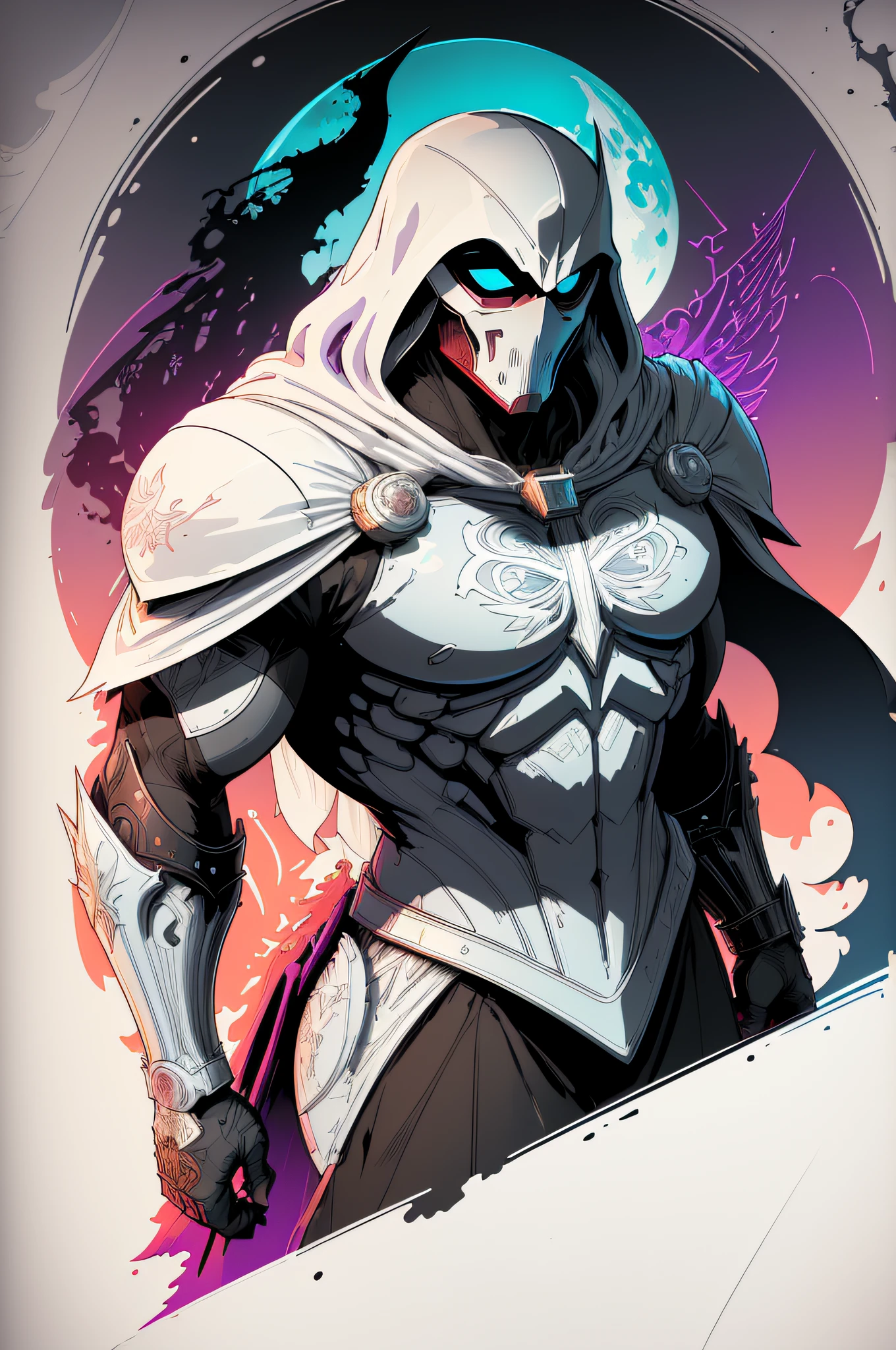 midshot, cel-shading style, centered image, ultra detailed illustration of Moon Knight of Marvel comics posing, broodish, (tetradic colors), inkpunk, ink lines, strong outlines, art by MSchiffer, bold traces, unframed, high contrast, cel-shaded, vector, 32k resolution, best quality