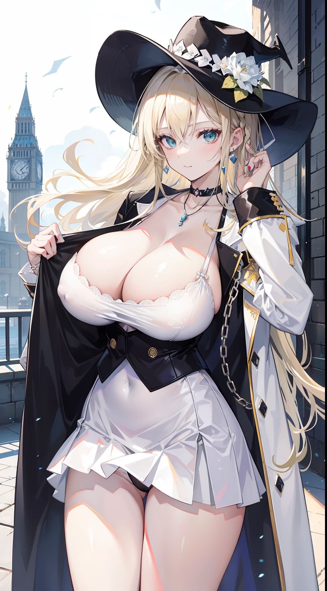 Chains，耳Nipple Ring，choker necklace，Forehead，middle parted hairstyle，femele，Train station，a beauty girl，Long light blonde hair，green pupills，Business suit，white business suit，in suit，White color blouse，((Black panty))，wind coat，Cowboy hat，Flower arrangement on a hat，The streets of London，high-heels，obi strip，tiese，wind coat，ssmile，huge tit，(cleavage)，(huge tit)