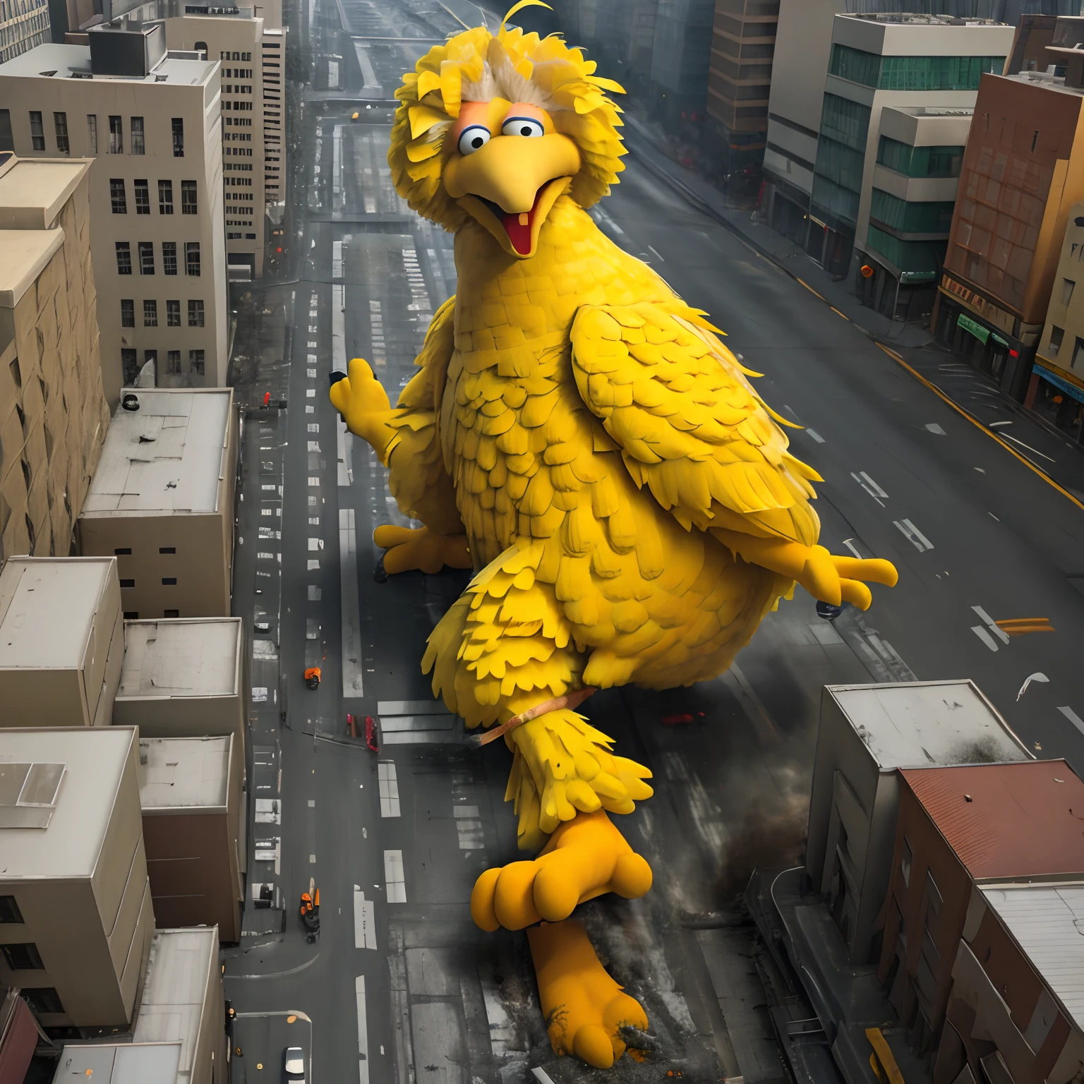 Big bird destroying a city, stomp, gts, pov, giga giantess, orange dirty paws,