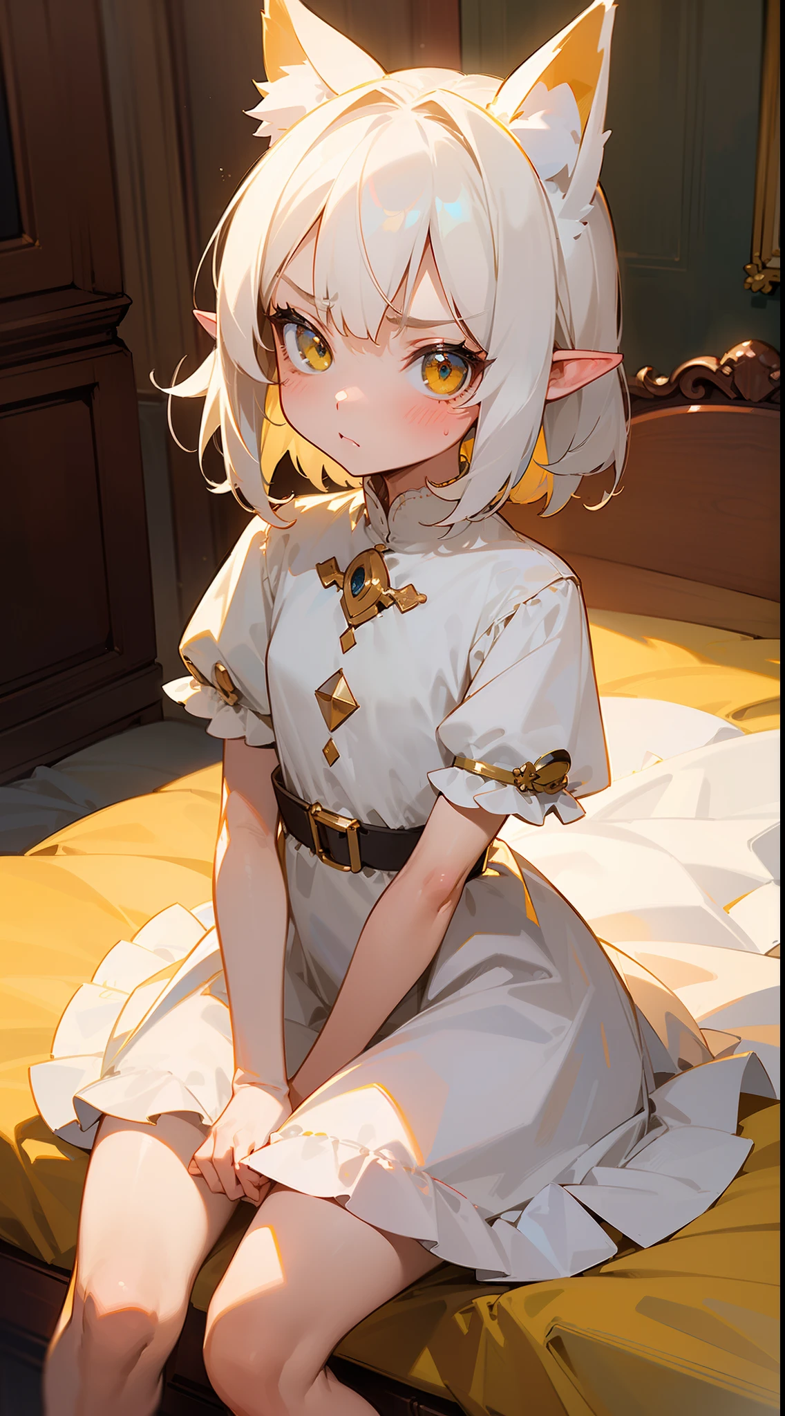 (Original Character,8k, Masterpiece, Best Quality,Detailed, Beautiful Detailed Eyes, solo),((1loli girl,4 years old)),((small body)),little white dress,white hair,medium hair,yellow eyes,elves ears,fox ears,loli,solo,cute,angry,blush,cowboy shot,sitting on the bed in his chambers in the castle