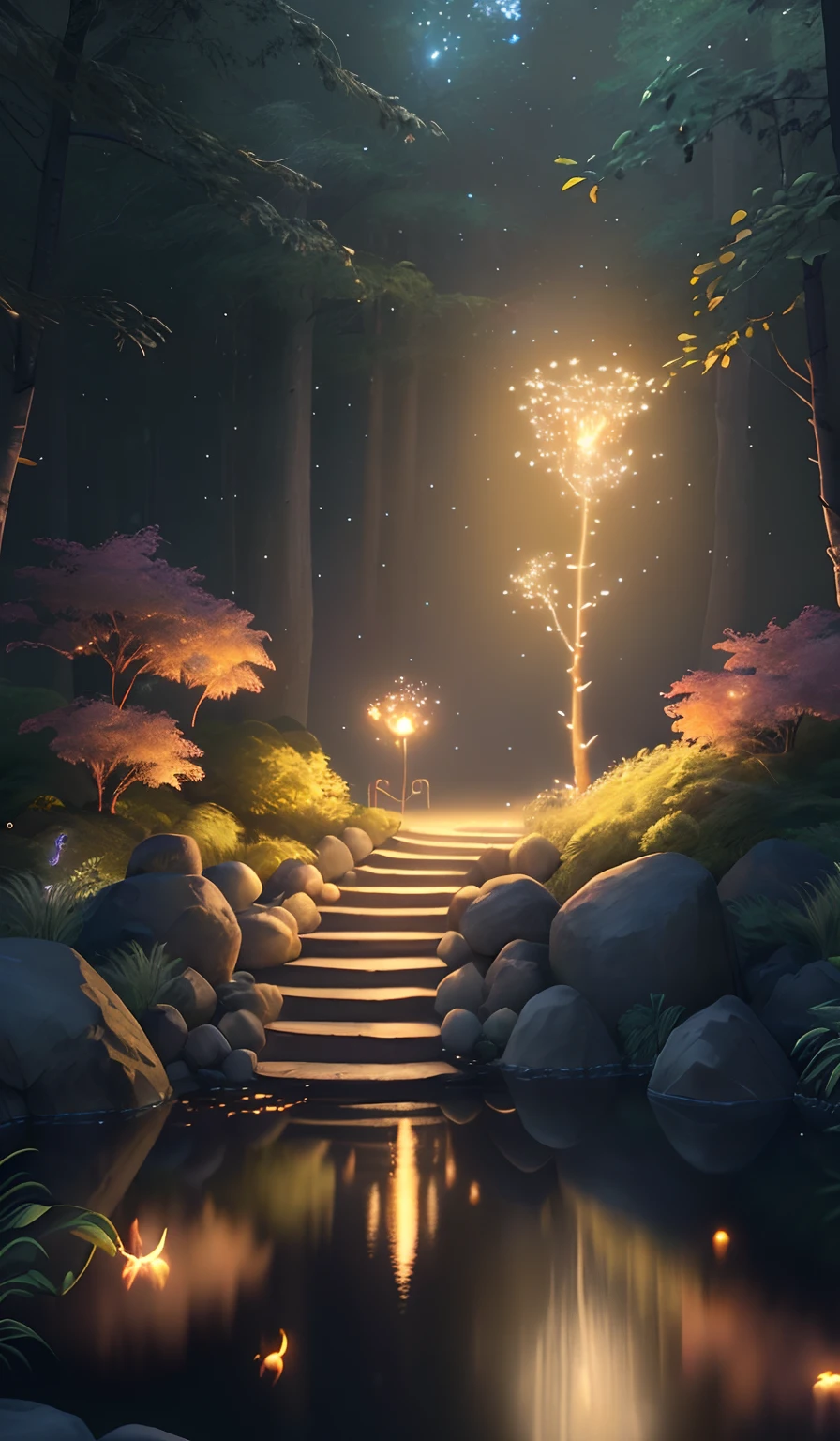 Masterpiece, best quality, (very detailed CG unity 8k wallpaper), (best quality), (best illustration), (best shadows), glow sprite, with a glowing tiger, in the swimming pool Drinking water, natural elements in the forest theme with moon . Mysterious forest, beautiful forest, nature, surrounded by flowers, delicate leaves and branches surrounded by fireflies (natural elements), (jungle theme), (leaves), (twigs), (fireflies), (particle effects) etc. 3D , Octane rendering, ray tracing, super detailed