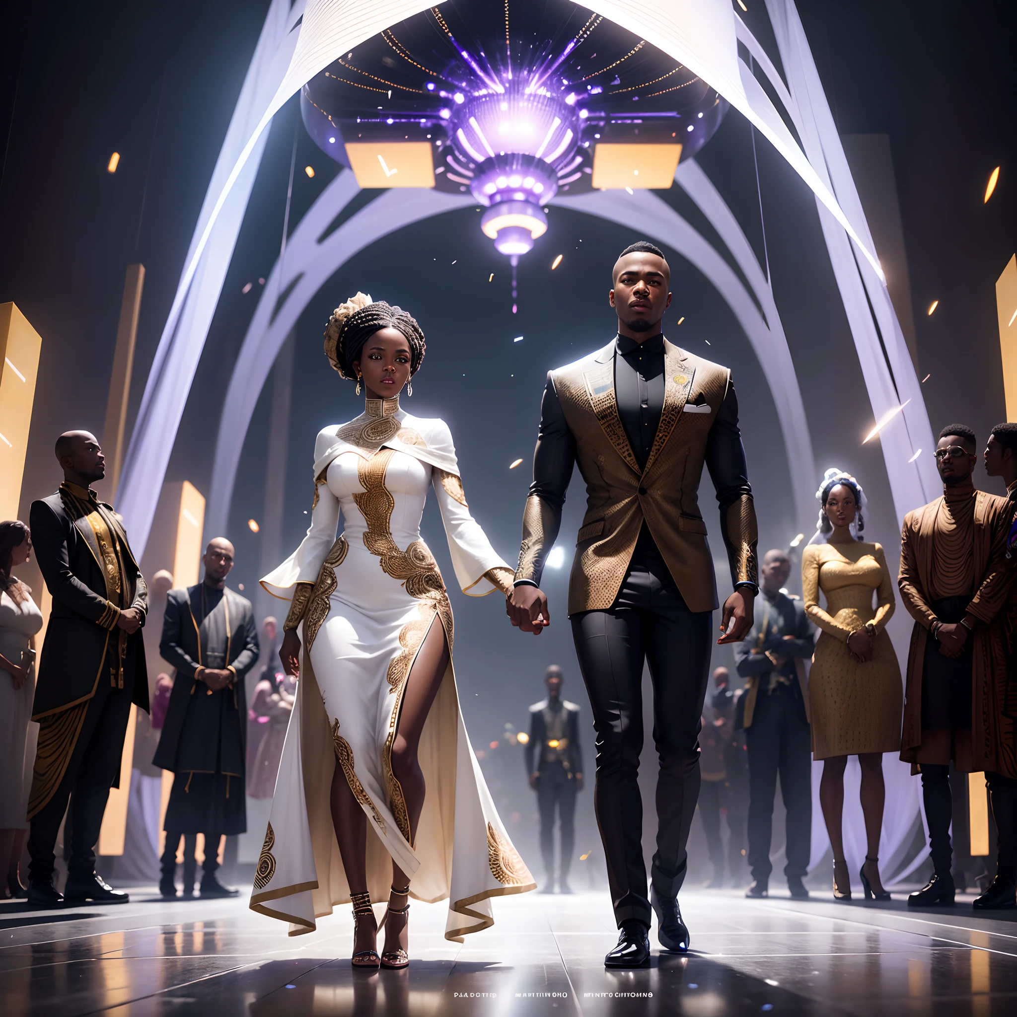 Black man dressed in African designed clothes and black woman dressed in african designed clothes getting married, standing on a reflecting ground surface, under a mechanical spaceship spraying confetti in air,  surrounded by lighting futuristic floating light sphere drones, night time, mini androids glowing in the scene, with iridescent light, photorealistic image, ultra HD, cinematic lighting, artgerm style,