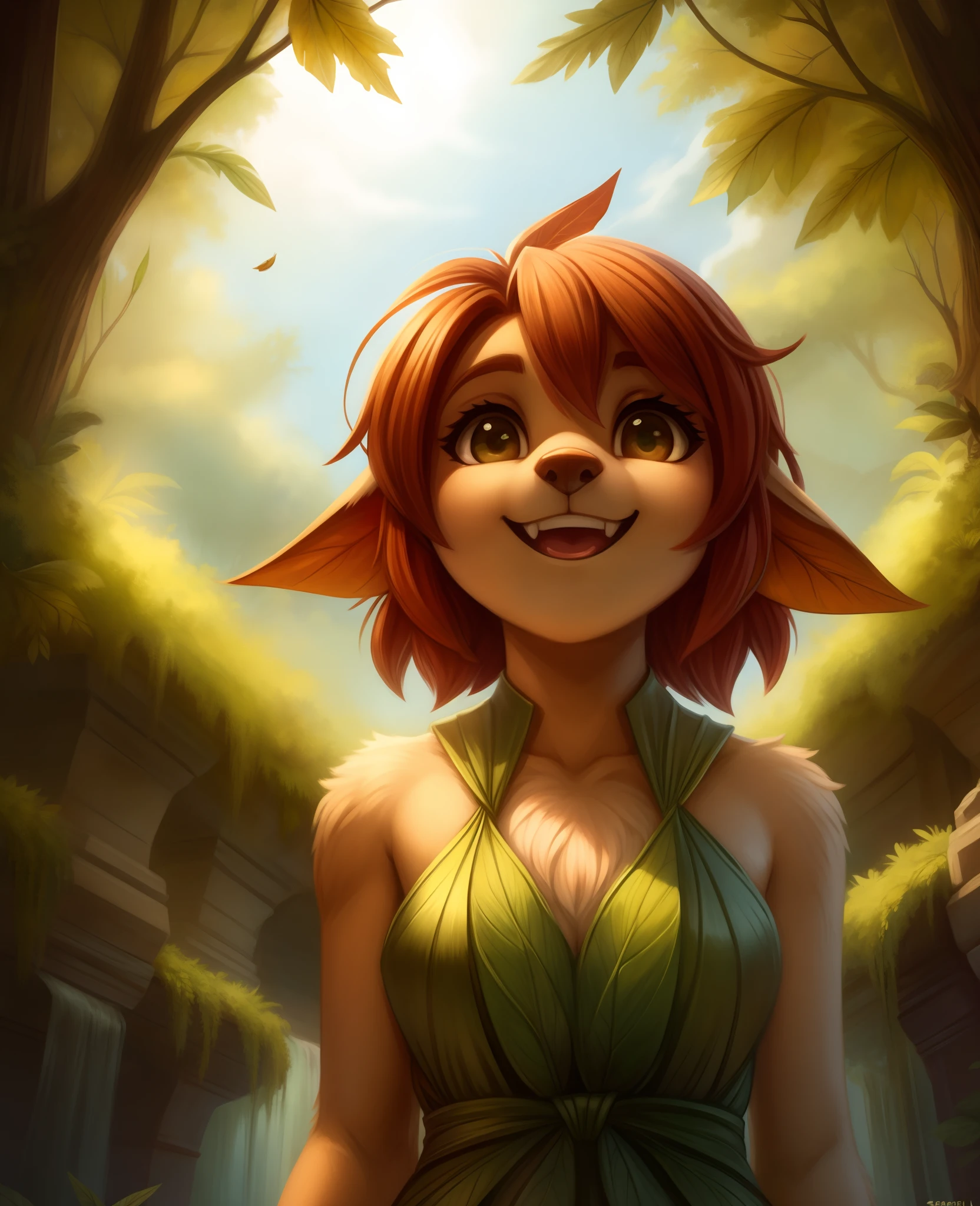 seraziel,,, elora furry, detailed and extremely fluffy body fur, fluff, masterpiece, looking up beautiful surroundings, detailed background, happy, leaf-dress