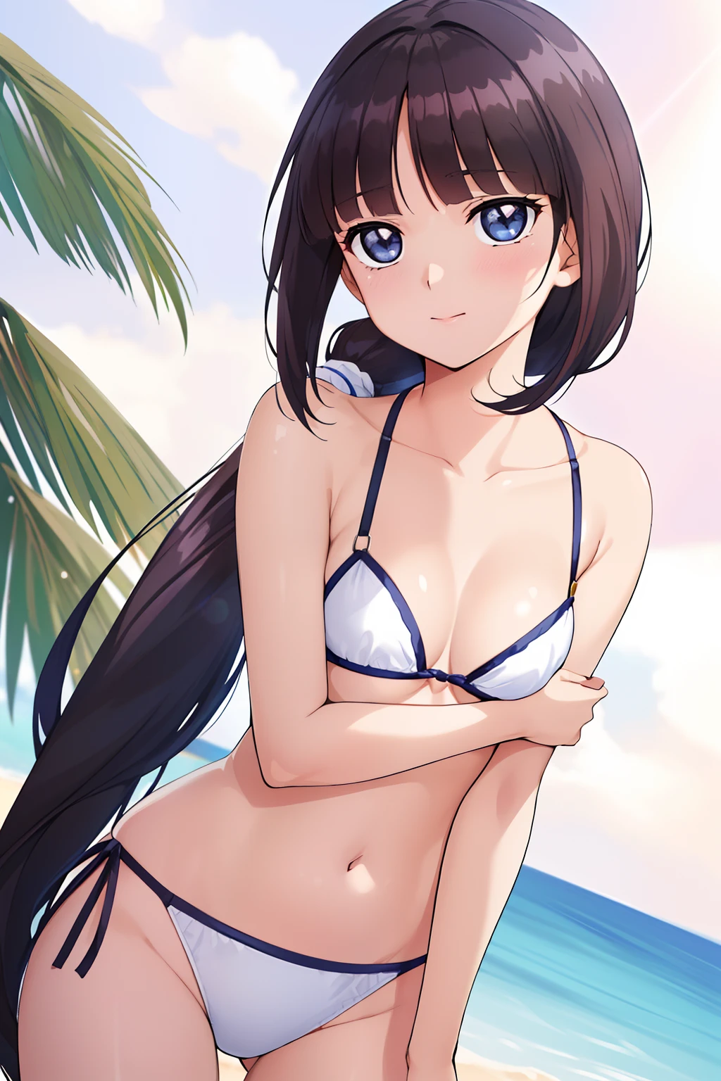 the beach, standing at attention,Shy laughter,embarrassed from、 White swimwear, Hair Ornament, hair scrunchie,Low ponytail, Long hair,Bangs, Black hair, Blunt bangs,Big blue eyes, 1 girl, Small breasts, flat chest, Petite,Beautiful Finger,Beautiful long legs,Beautiful body,Beautiful nose,Beautiful character design, Perfect eyes, Perfect face,Expressive eyes, Looking at Viewer, In the center of the image,(The upper part of the body_Body),(Focus on her face), (Innocent_Big_Eyes:1.0), Official art,Highly detailed CG Unity 8k wallpaper, Perfect Lighting,Colorful, Bright_front_Face_Lighting, (masutepiece:1.0),(best_quality:1.0), 超A high resolution,4K,Ultra-detailed, Photography, 8K, nffsw, hight resolution, absurderes:1.2, Kodak Portra 400, Film grain, Lens Flare, (Vibrant_Color:1.2) (Beautiful,breasts:1.4), (Beautiful_Face:1.5),(narrow_waist),