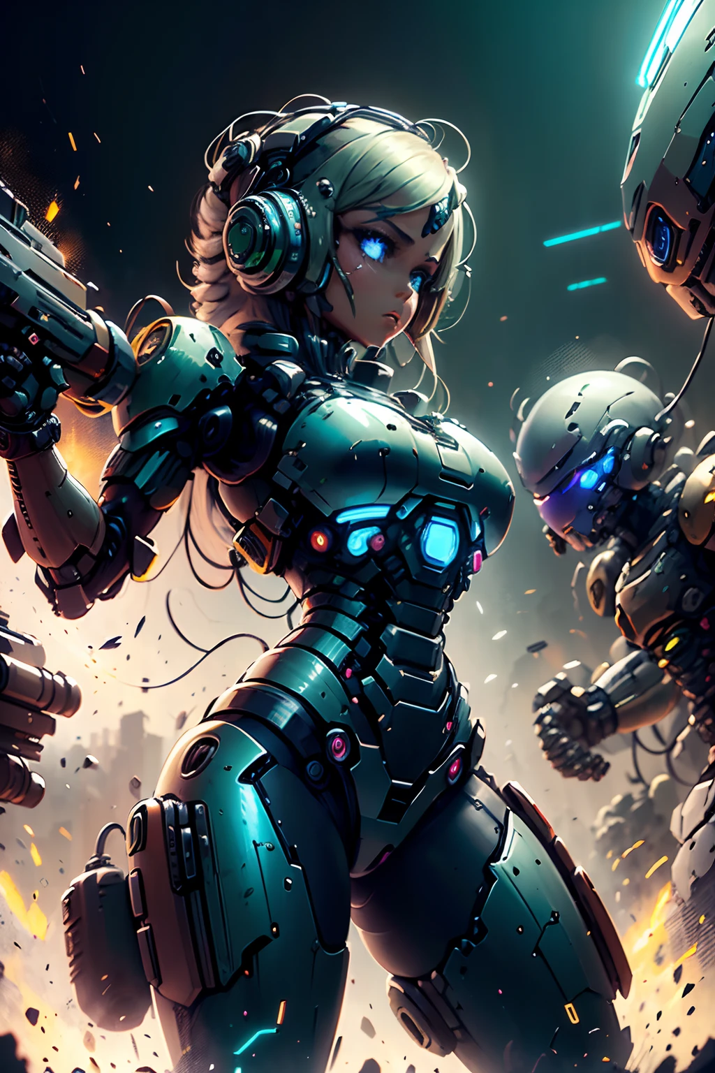 1 chica Cabello Blanco Soldado estilo pistola en el fondo, Chica en Mech Blanco, Cyberpunk anime chica mecha, Wearing sci-fi military armor, Hermosa chica negro cyborg, Cyborg - Chica de plata, Mech negro de Fira, Eco de Overwatch, Perfecto anime cyborg mujer, Pupilas azules, Cinco dedos, CGhSociety inspirado campo de batalla, alien planet, Alien battle,