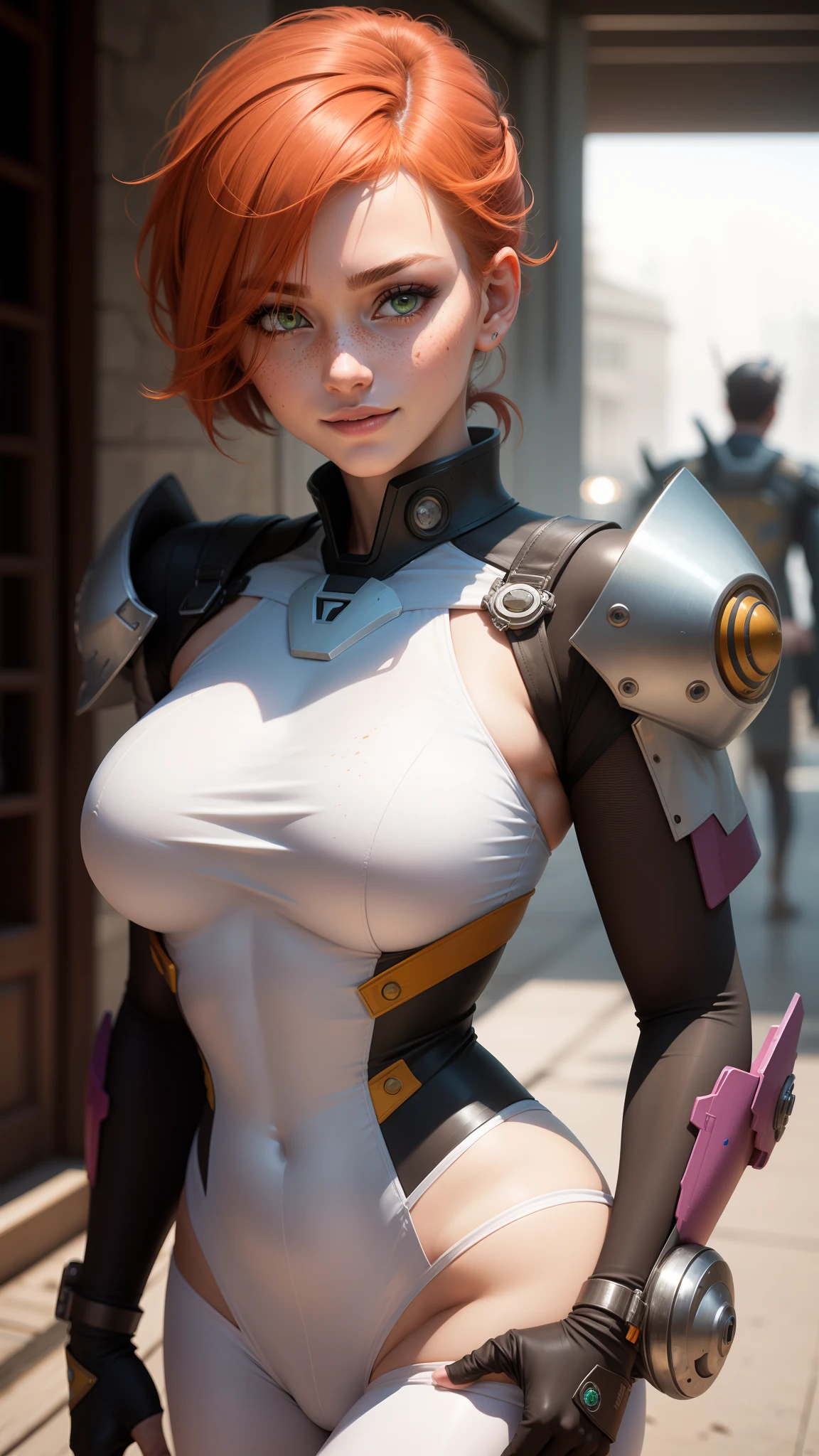 gwen tennyson,tracer,bulma,rebecca chambers,overwatch,gundam,1girl,close up,neo japan,mecha pilot,mecha armor,mecha uniform,mecha gear, pirate corset,white long sleeve lycra top, white leggings,short hair,goth makeup,green eyes,orange hair, purple hair highlights,shy smile, freckles,redhead,beautiful girl,large breasts,ultra detailed,realistic,fantasy art,
