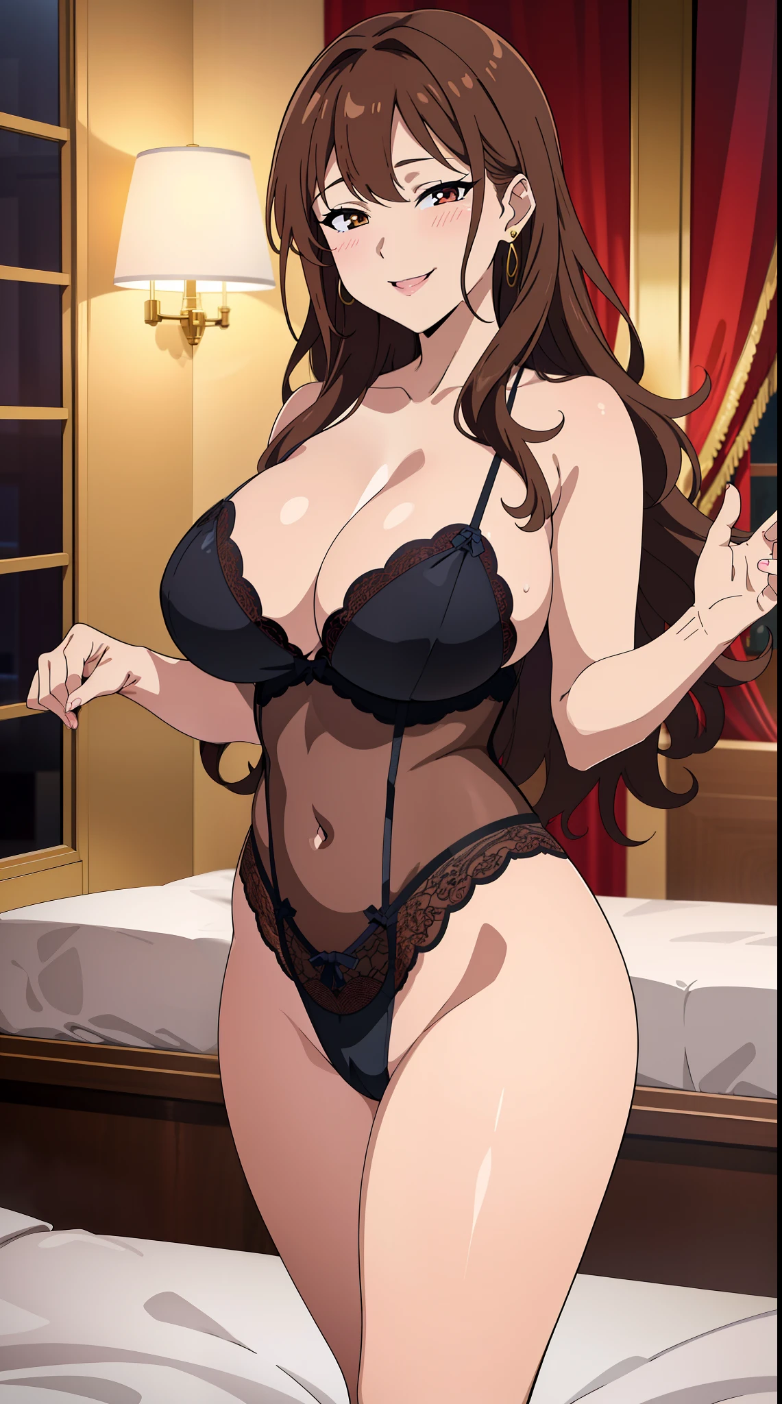 (best quality:1.5, highres, UHD, 4K, detailed lighting, shaders), brown wavy hair, busty, thighs, lingerie, earrings, (pov, close shot), standing, lewd, sexy, erotic, ecchi, hentai model, porn model, nsfw, seductive pose, horny, smiling, hot, bedroom background, night