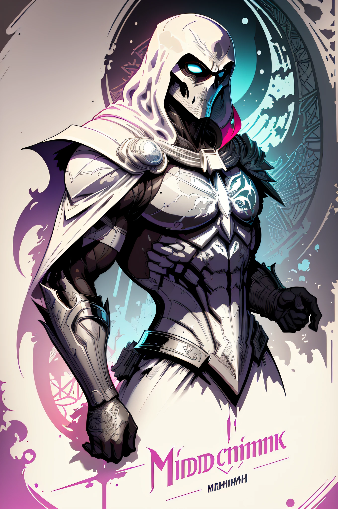 midshot, cel-shading style, centered image, ultra detailed illustration of Moon Knight of Marvel comics posing, broodish, (tetradic colors), inkpunk, ink lines, strong outlines, art by MSchiffer, bold traces, unframed, high contrast, cel-shaded, vector, 32k resolution, best quality