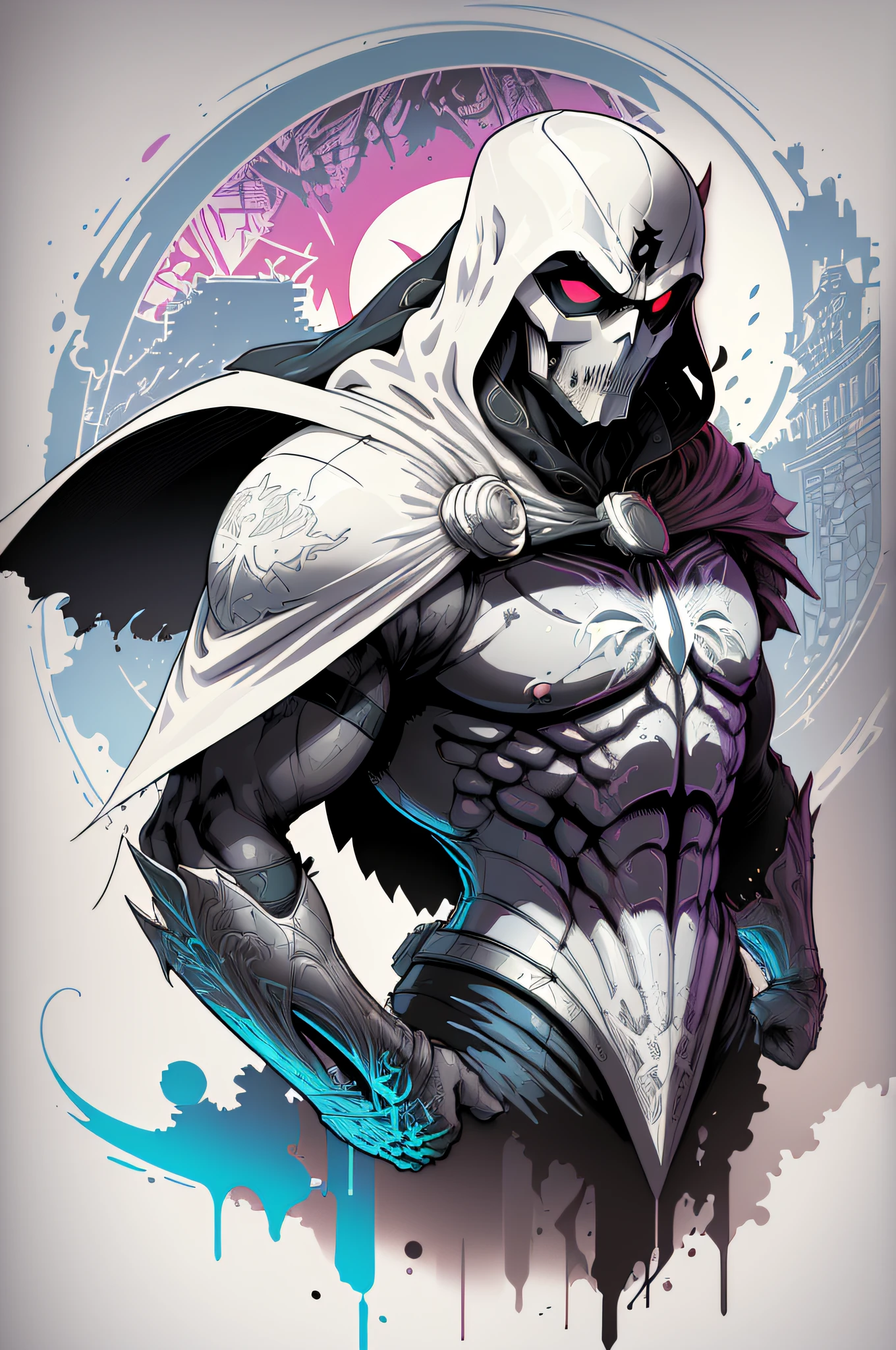 midshot, cel-shading style, centered image, ultra detailed illustration of Moon Knight of Marvel comics posing, broodish, (tetradic colors), inkpunk, ink lines, strong outlines, art by MSchiffer, bold traces, unframed, high contrast, cel-shaded, vector, 32k resolution, best quality